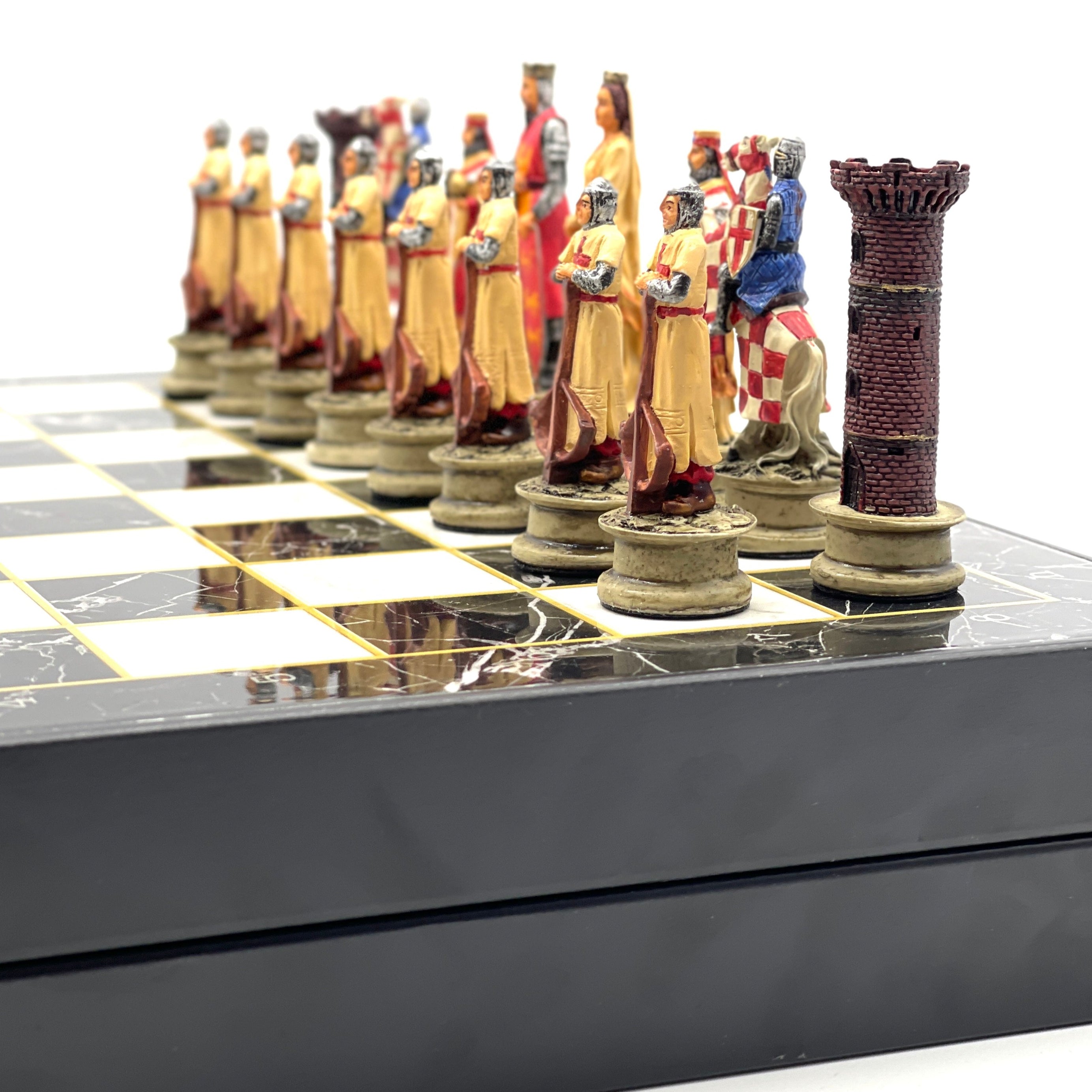 VIP Marble Patterned Folding Chess Set With Crusaders Polyester Chess Pieces