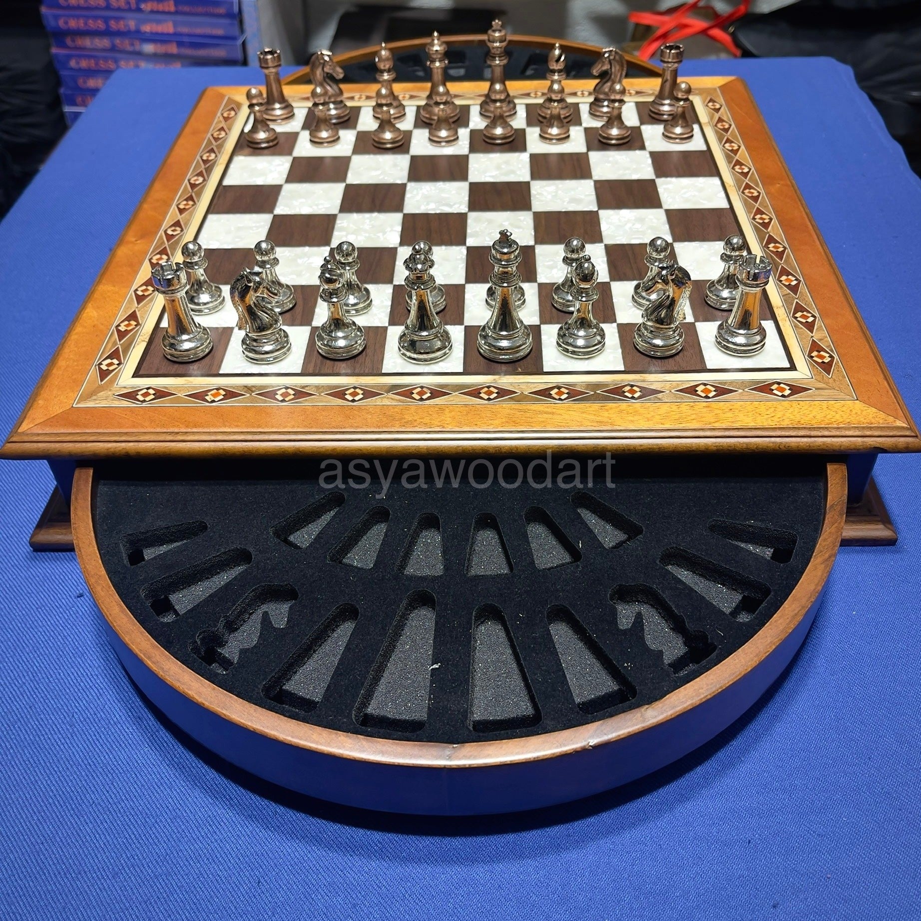 Personalized Wooden Chess Board with Special Storage Metal Theme Chess Pieces