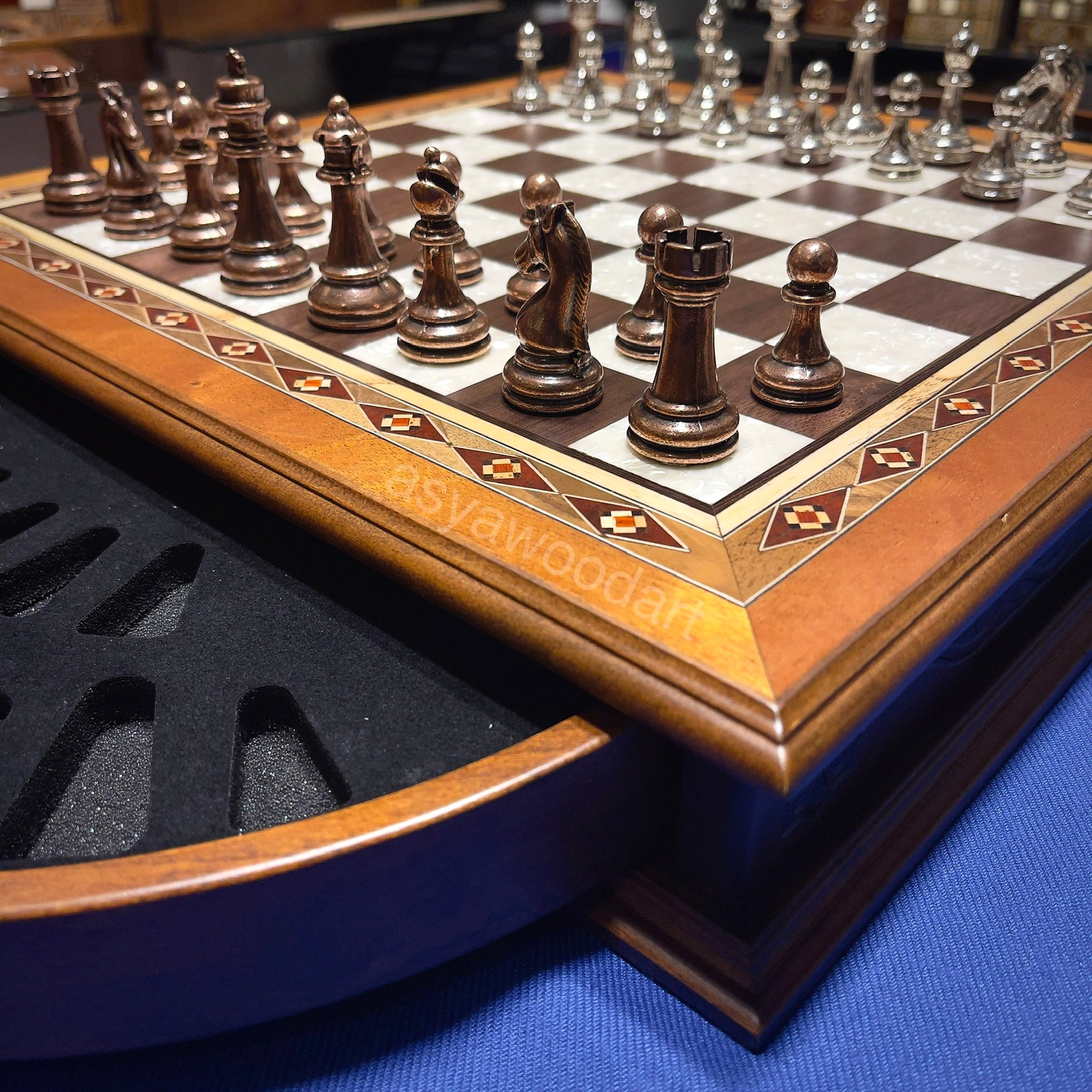 Personalized Wooden Chess Board with Special Storage Metal Theme Chess Pieces