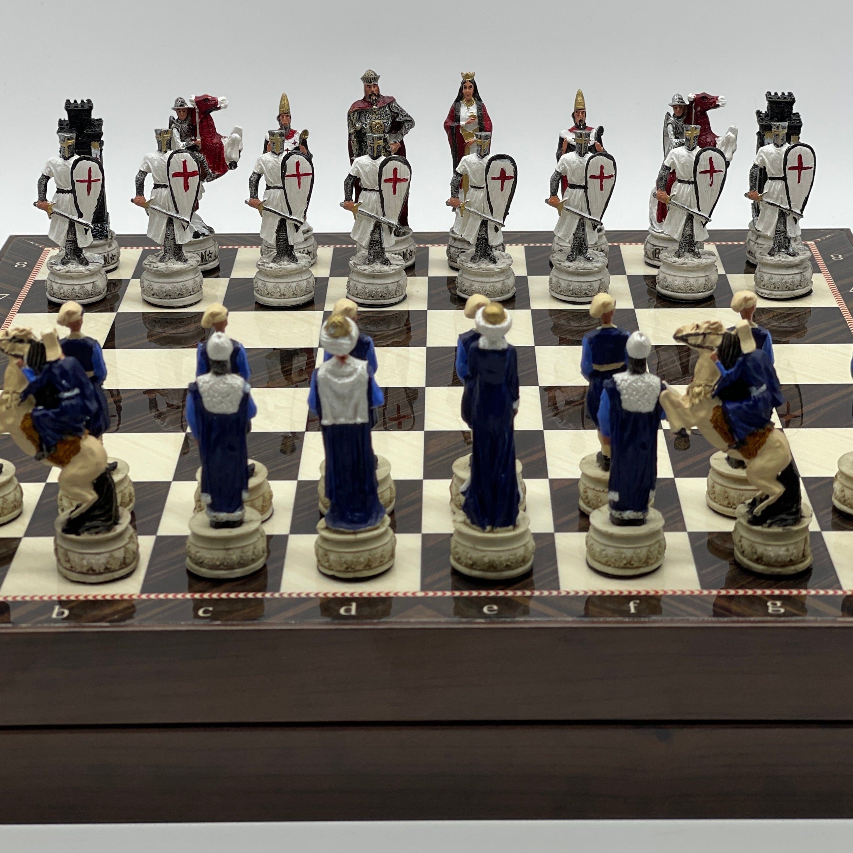 VIP Walnut Patterned Folding Chess Set With Crusaders Polyester Chess Pieces