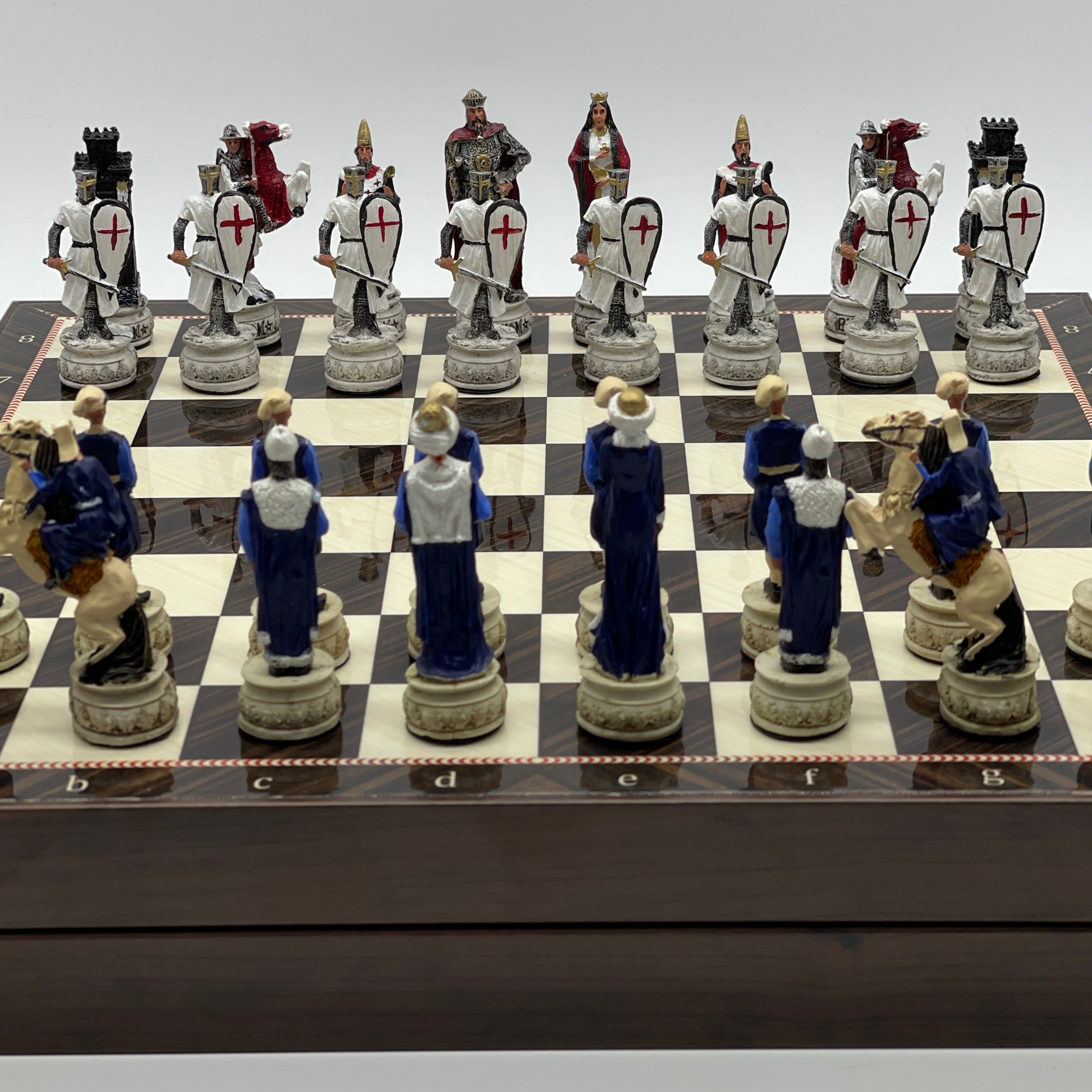 VIP Walnut Patterned Folding Chess Set With Crusaders Polyester Chess Pieces