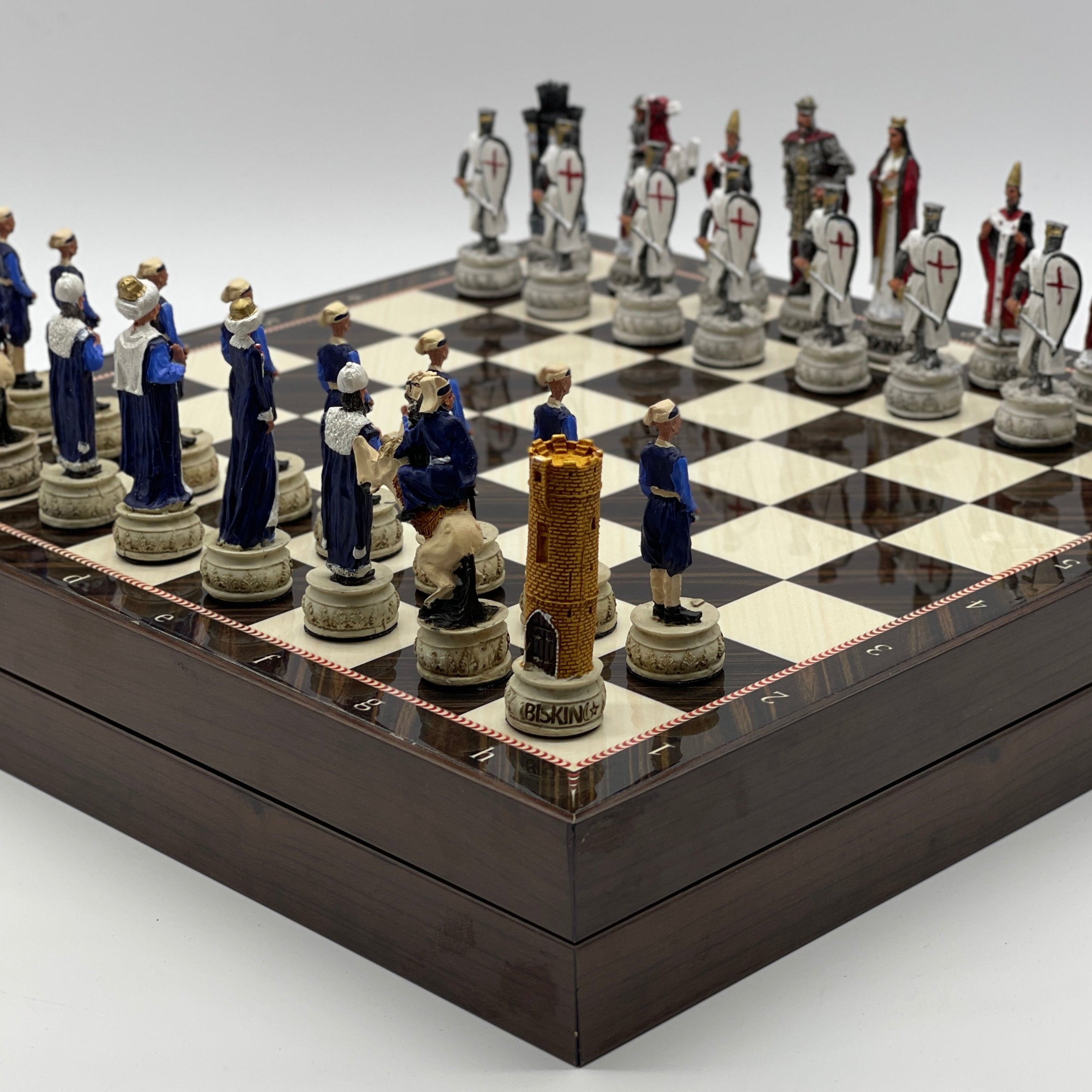 VIP Walnut Patterned Folding Chess Set With Crusaders Polyester Chess Pieces