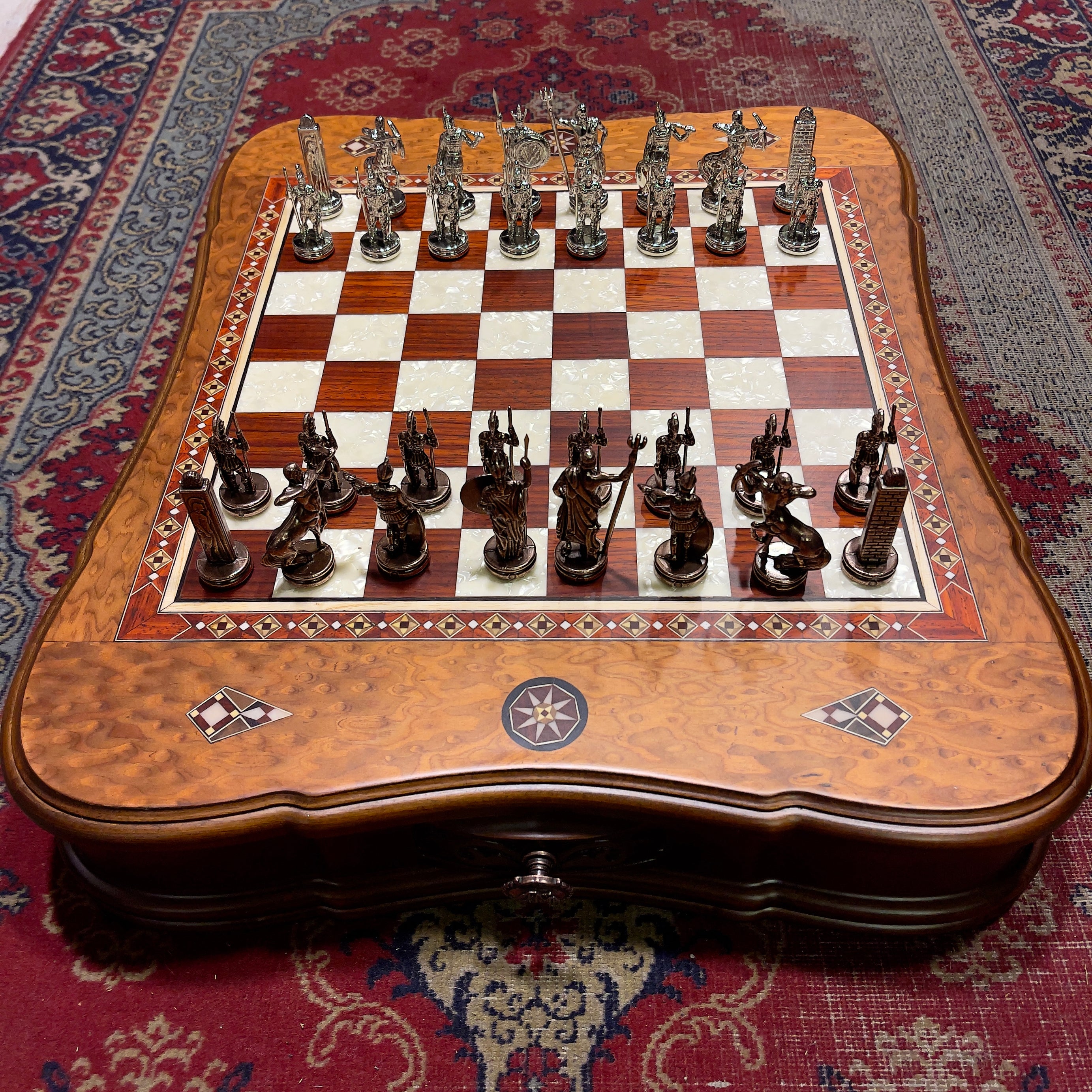 Premium Walnut Wooden Decorative Storage Chess Set with Metal Chess Pieces