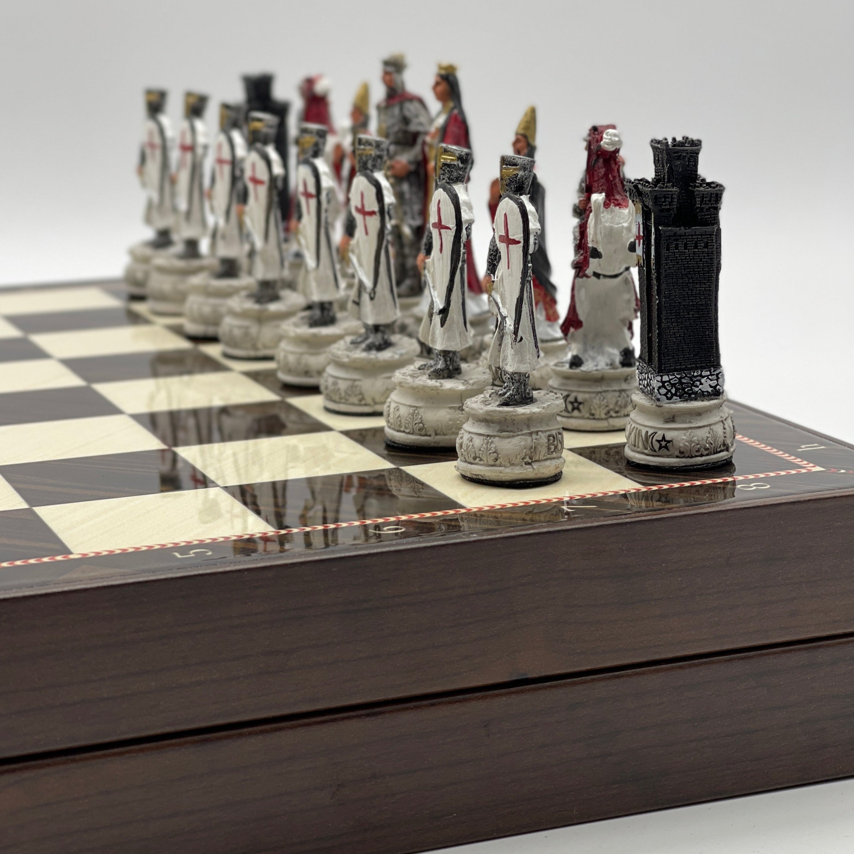 VIP Walnut Patterned Folding Chess Set With Crusaders Polyester Chess Pieces
