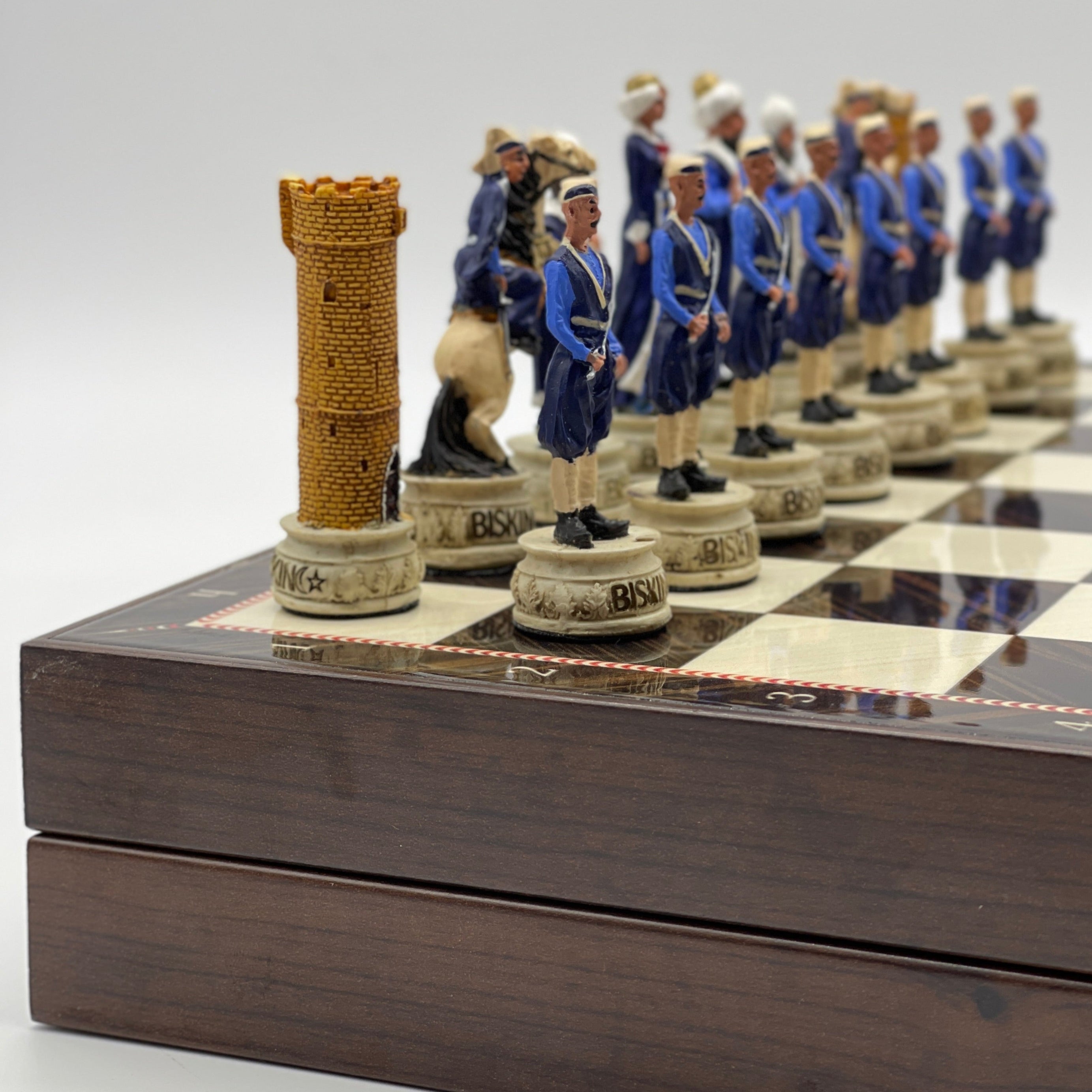 VIP Walnut Patterned Folding Chess Set With Crusaders Polyester Chess Pieces