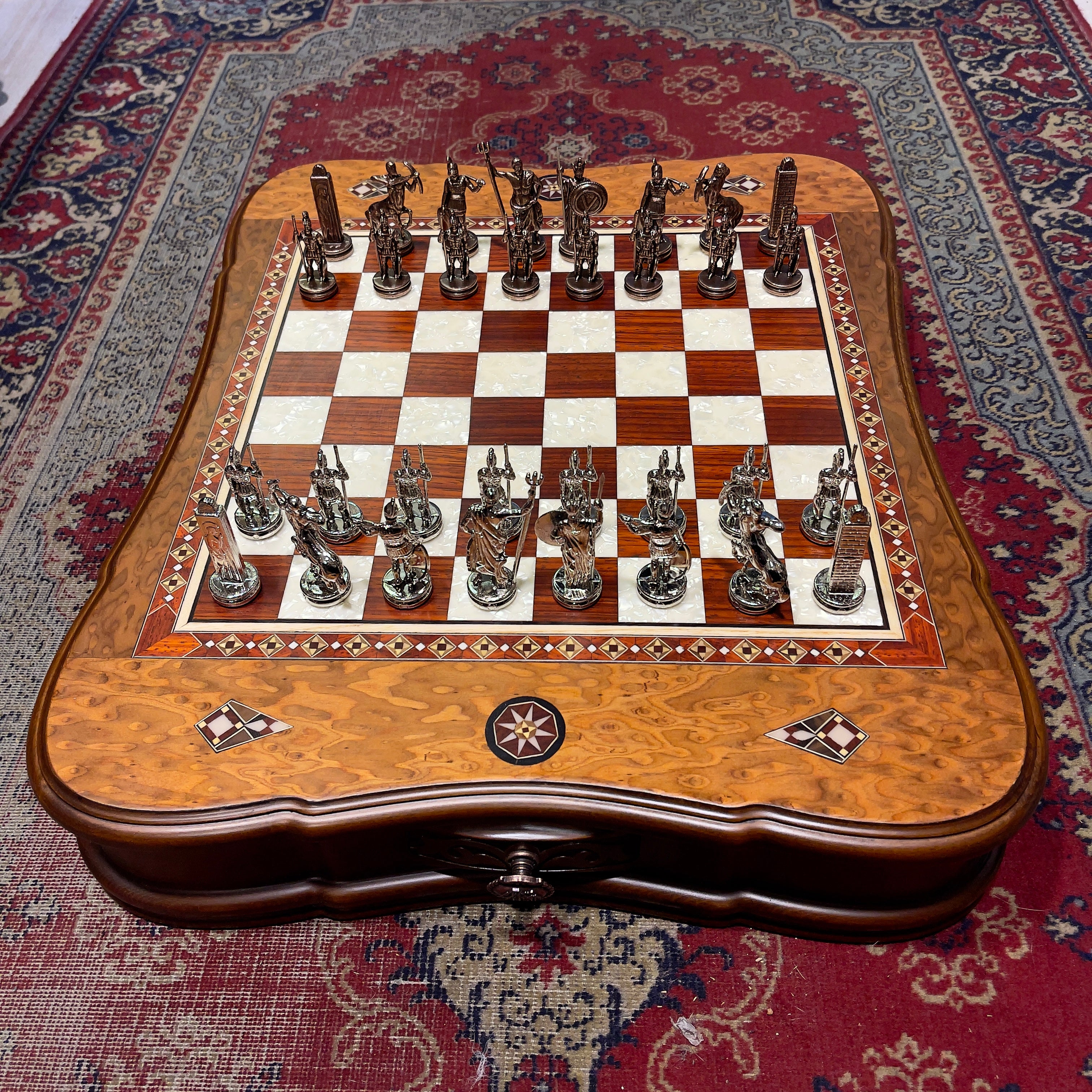 Premium Walnut Wooden Decorative Storage Chess Set with Metal Chess Pieces