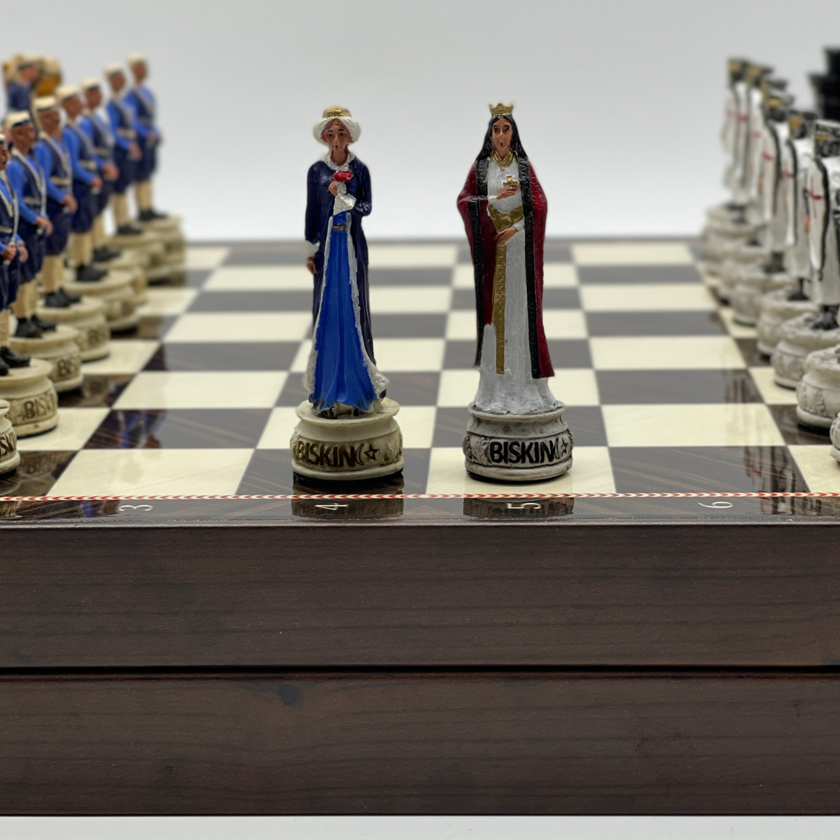 VIP Walnut Patterned Folding Chess Set With Crusaders Polyester Chess Pieces