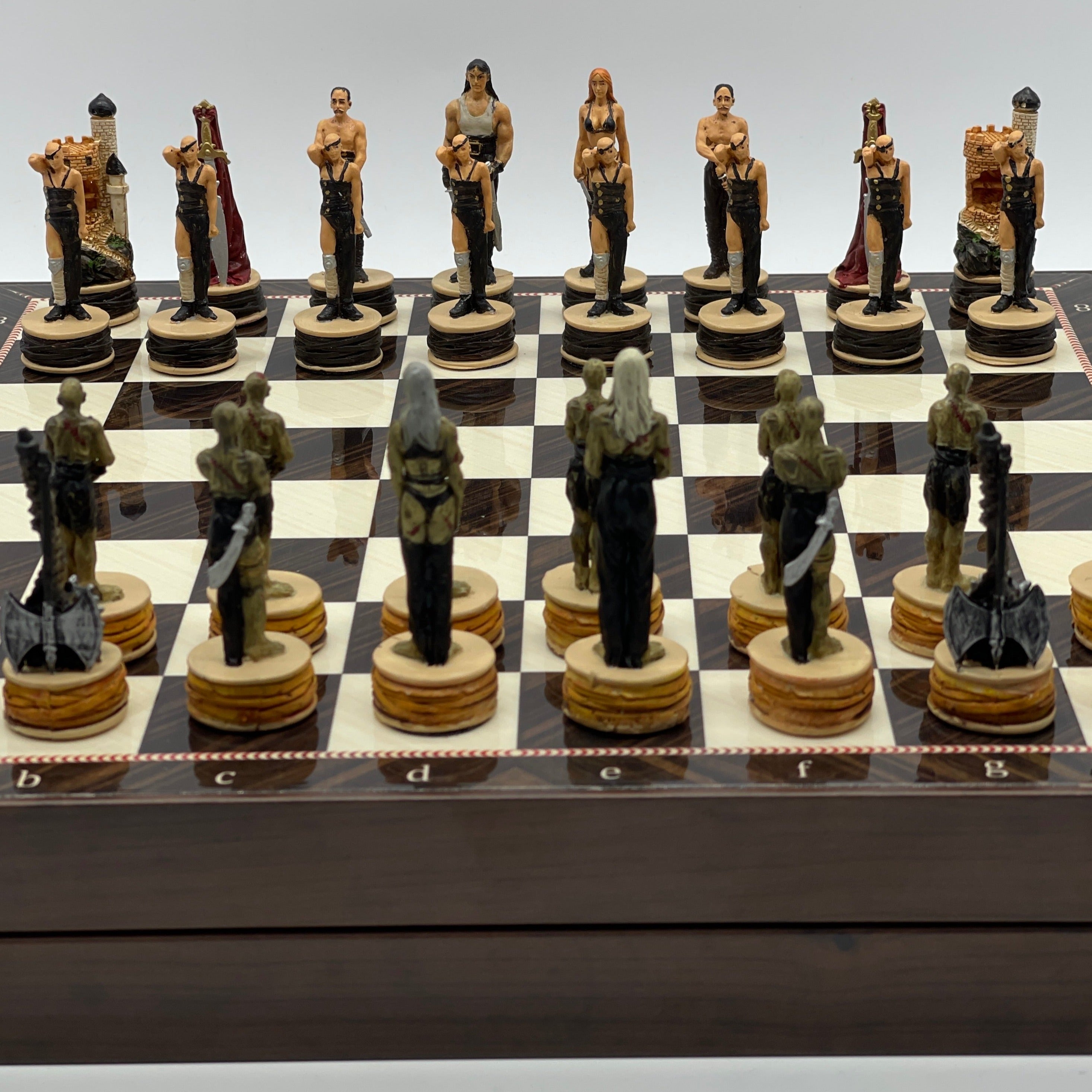 VIP Walnut Patterned Folding Chess Set With Zombies Polyester Chess Pieces