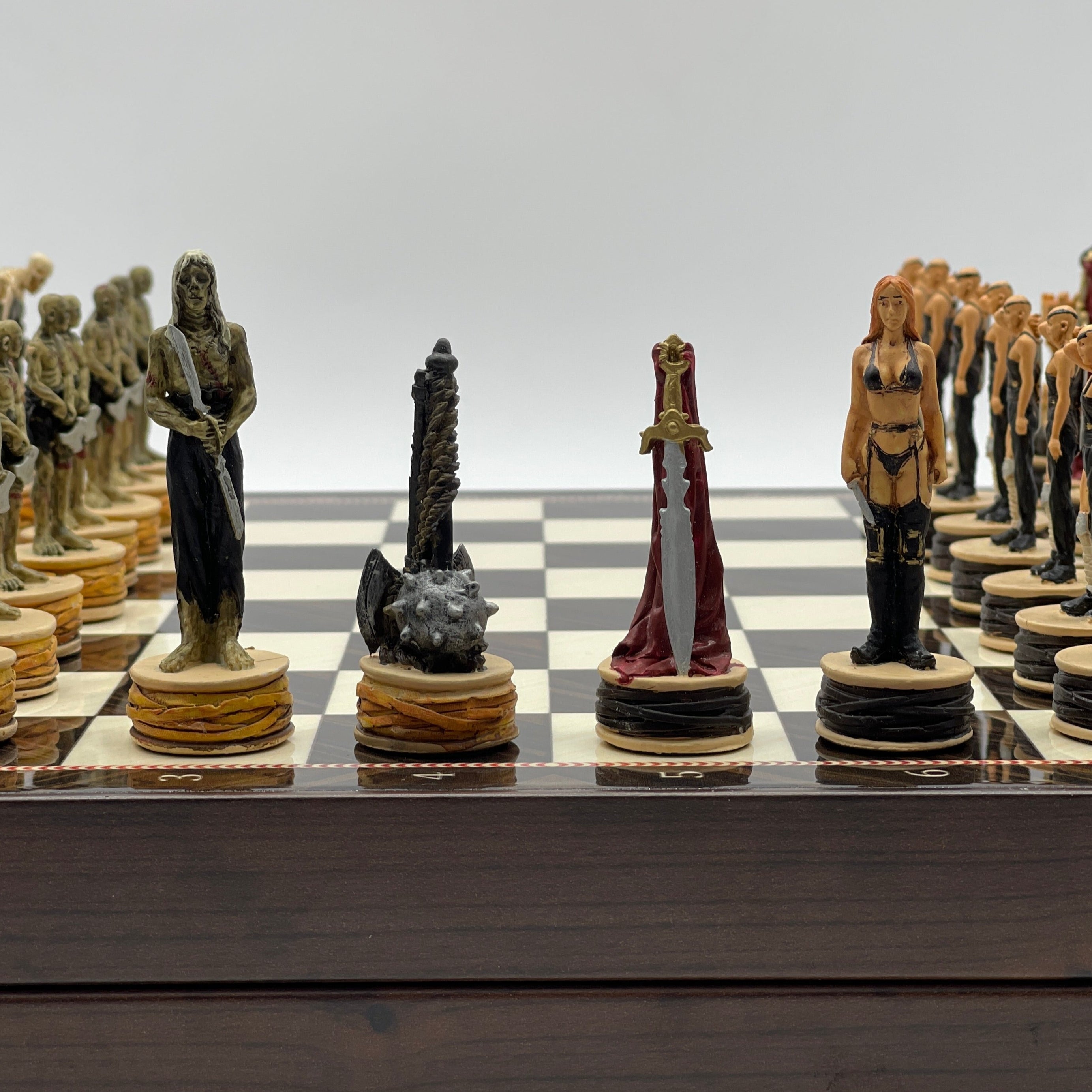 VIP Walnut Patterned Folding Chess Set With Zombies Polyester Chess Pieces