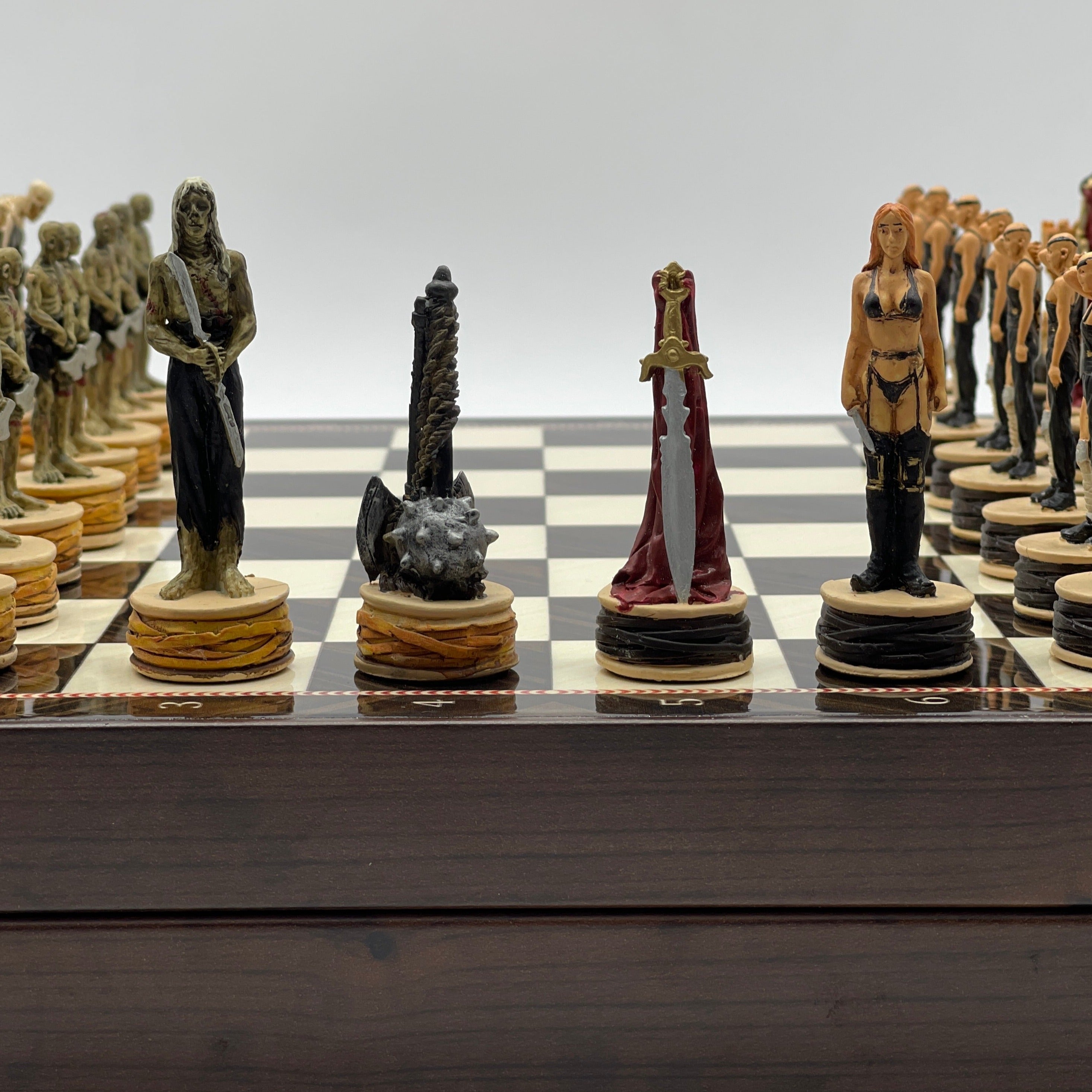 VIP Walnut Patterned Folding Chess Set With Zombies Polyester Chess Pieces