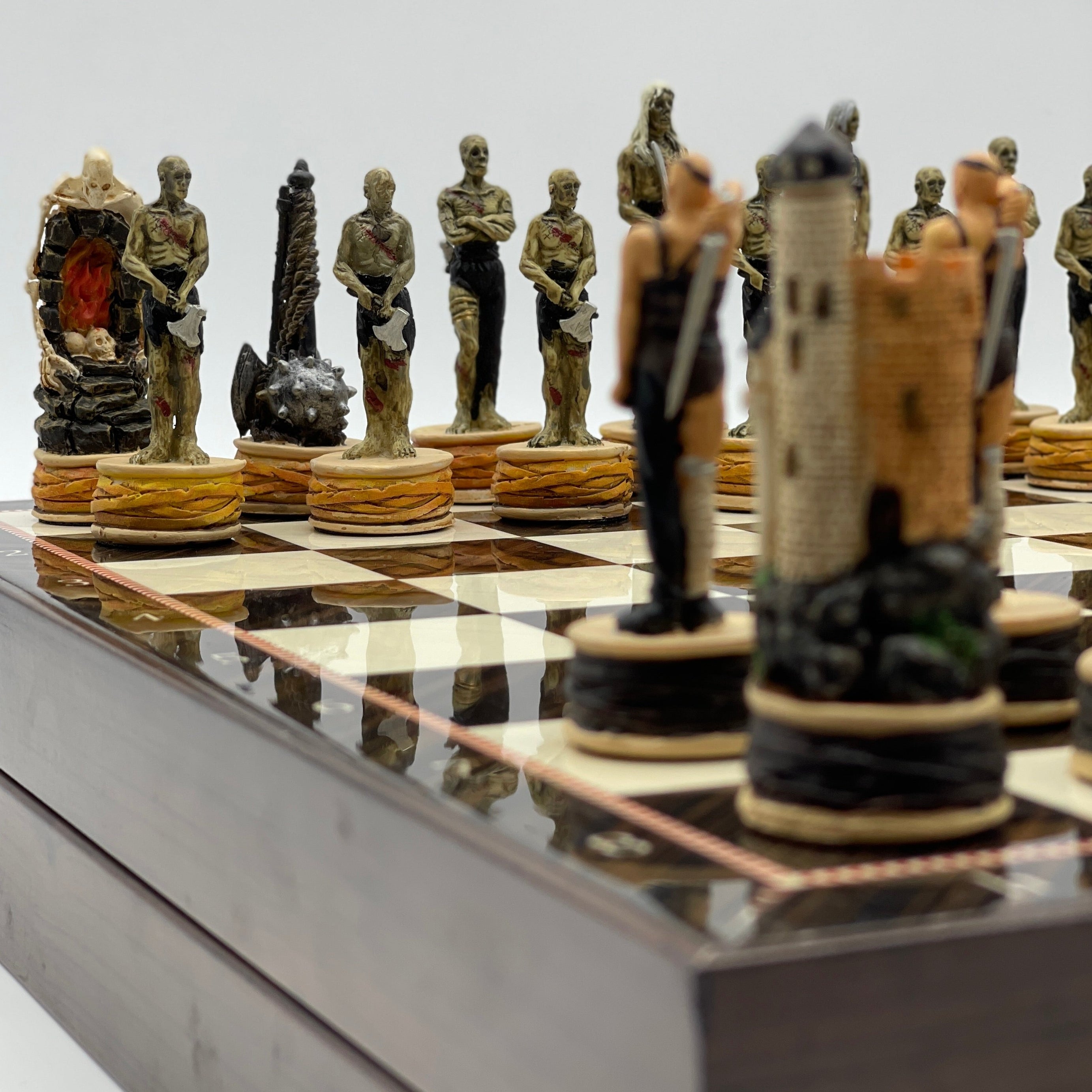 VIP Walnut Patterned Folding Chess Set With Zombies Polyester Chess Pieces