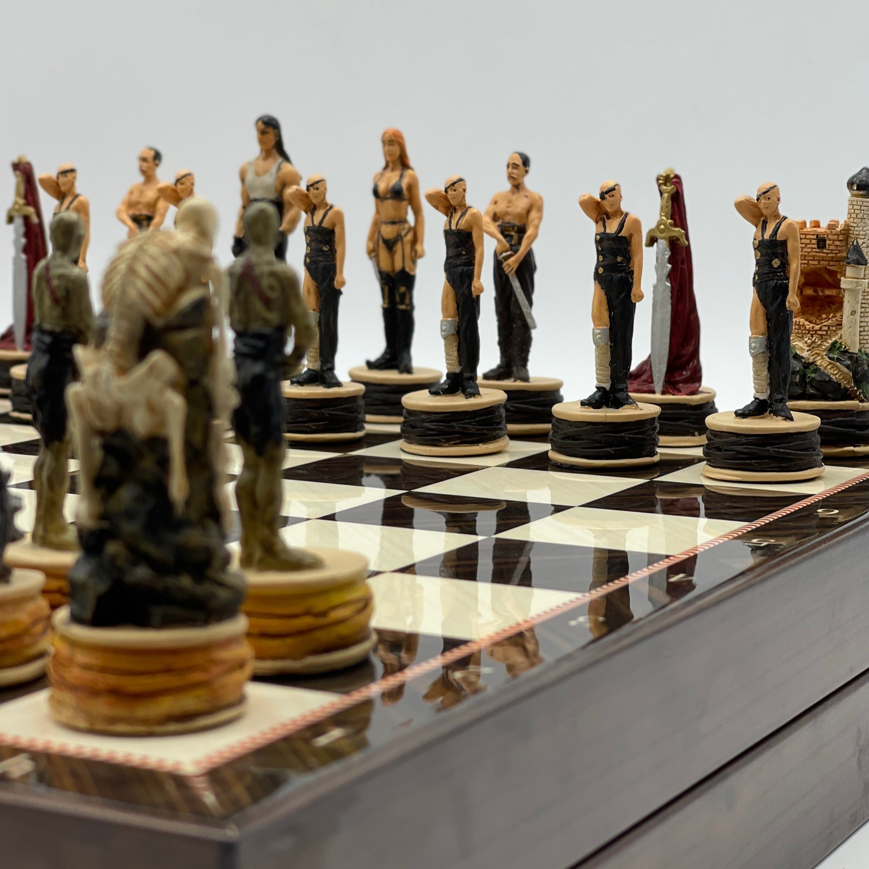 VIP Walnut Patterned Folding Chess Set With Zombies Polyester Chess Pieces