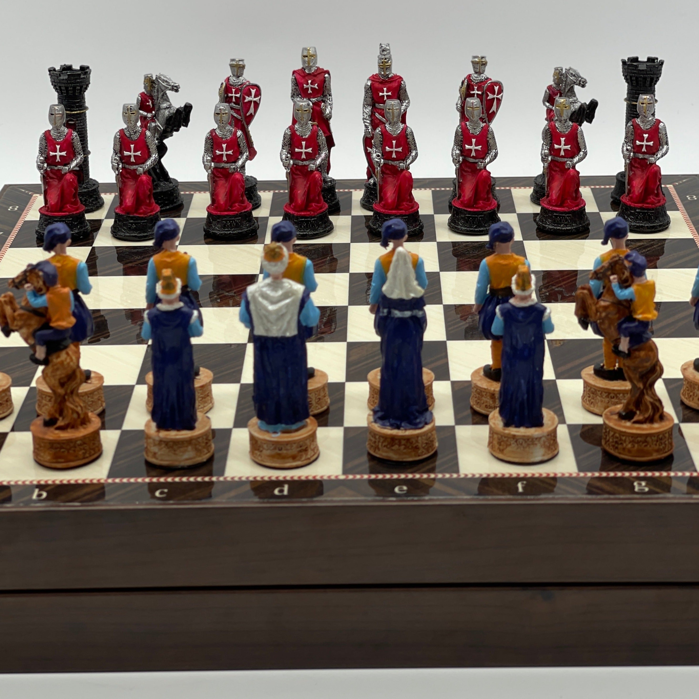 VIP Walnut Patterned Folding Chess Set With Crusaders Polyester Chess Pieces