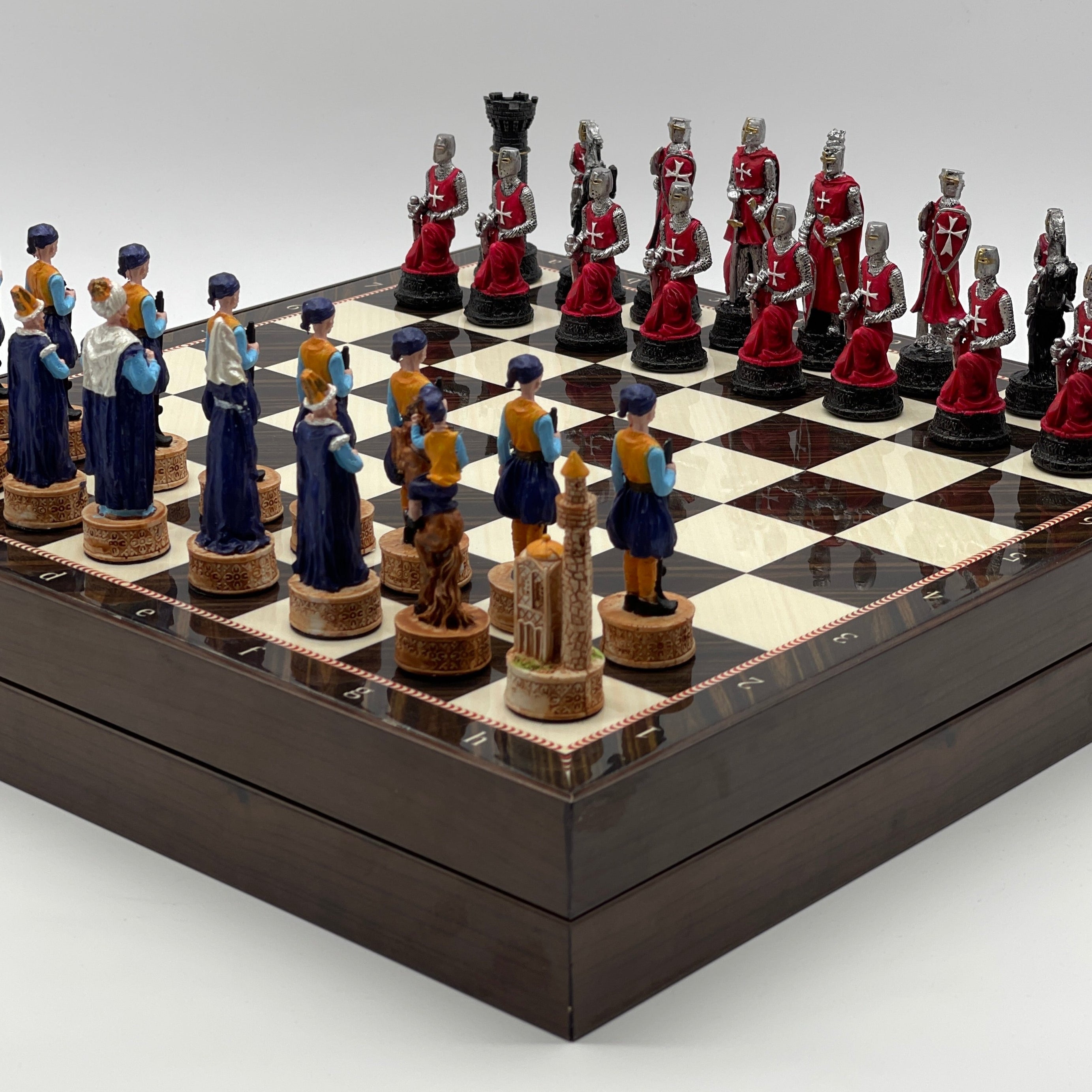 VIP Walnut Patterned Folding Chess Set With Crusaders Polyester Chess Pieces