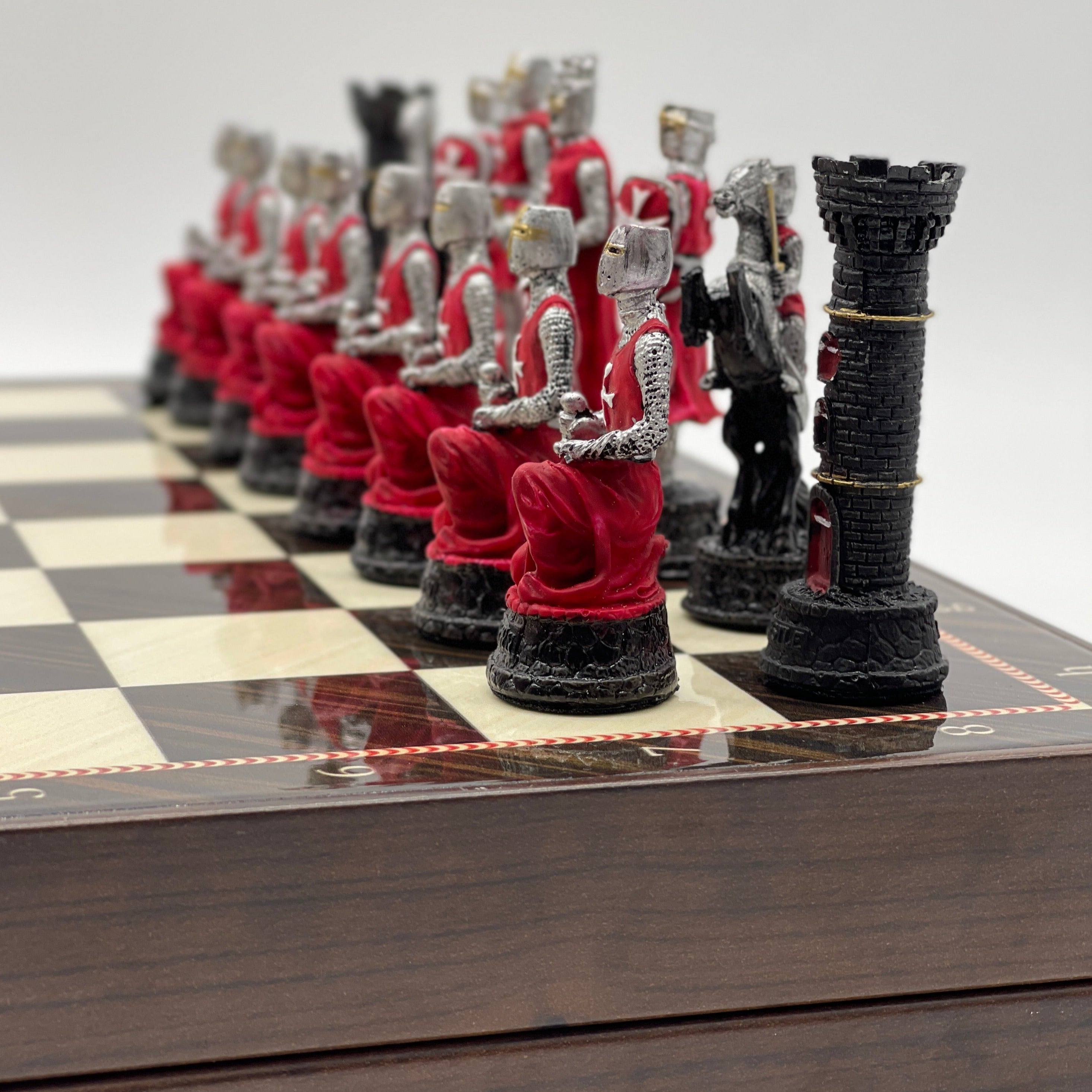 VIP Walnut Patterned Folding Chess Set With Crusaders Polyester Chess Pieces