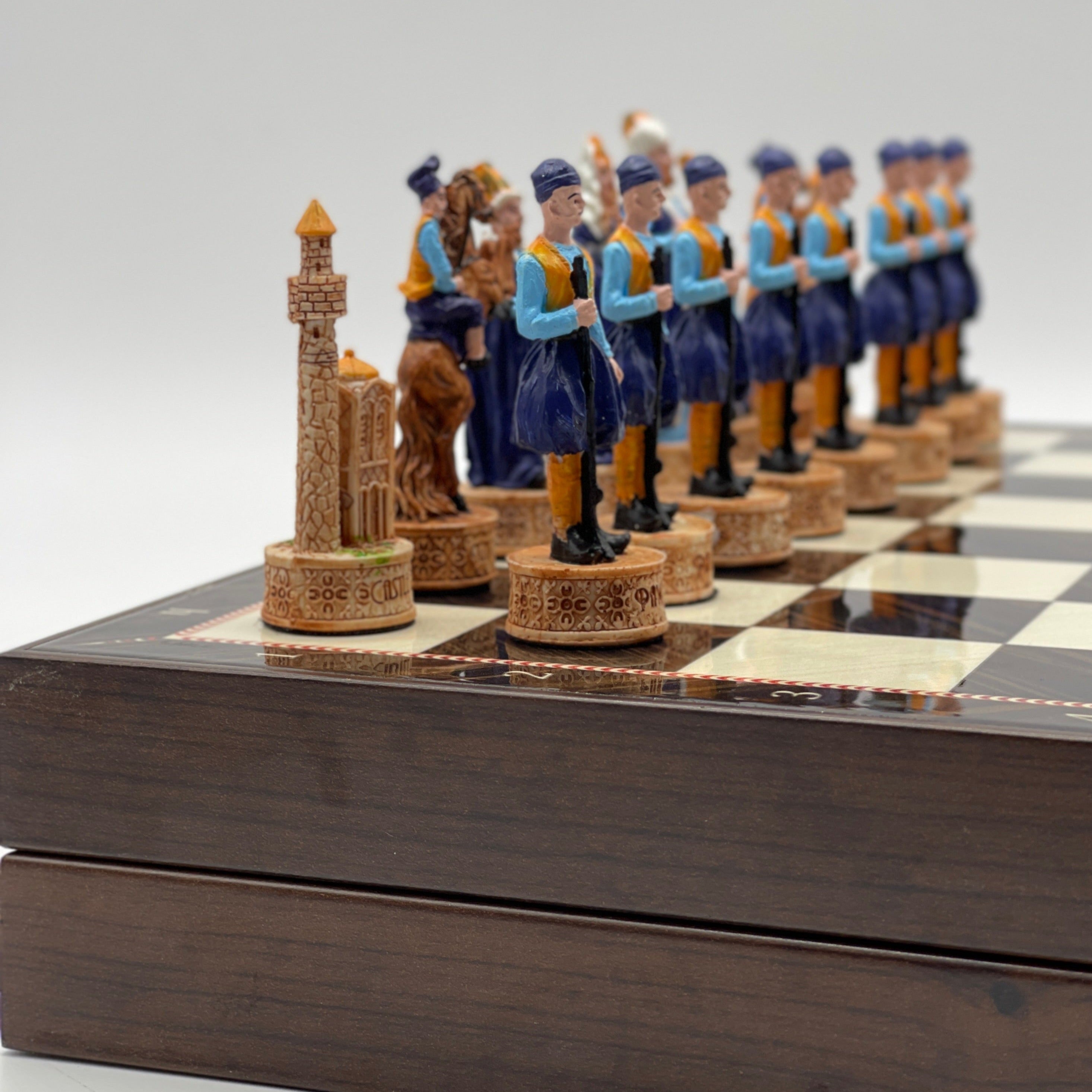 VIP Walnut Patterned Folding Chess Set With Crusaders Polyester Chess Pieces