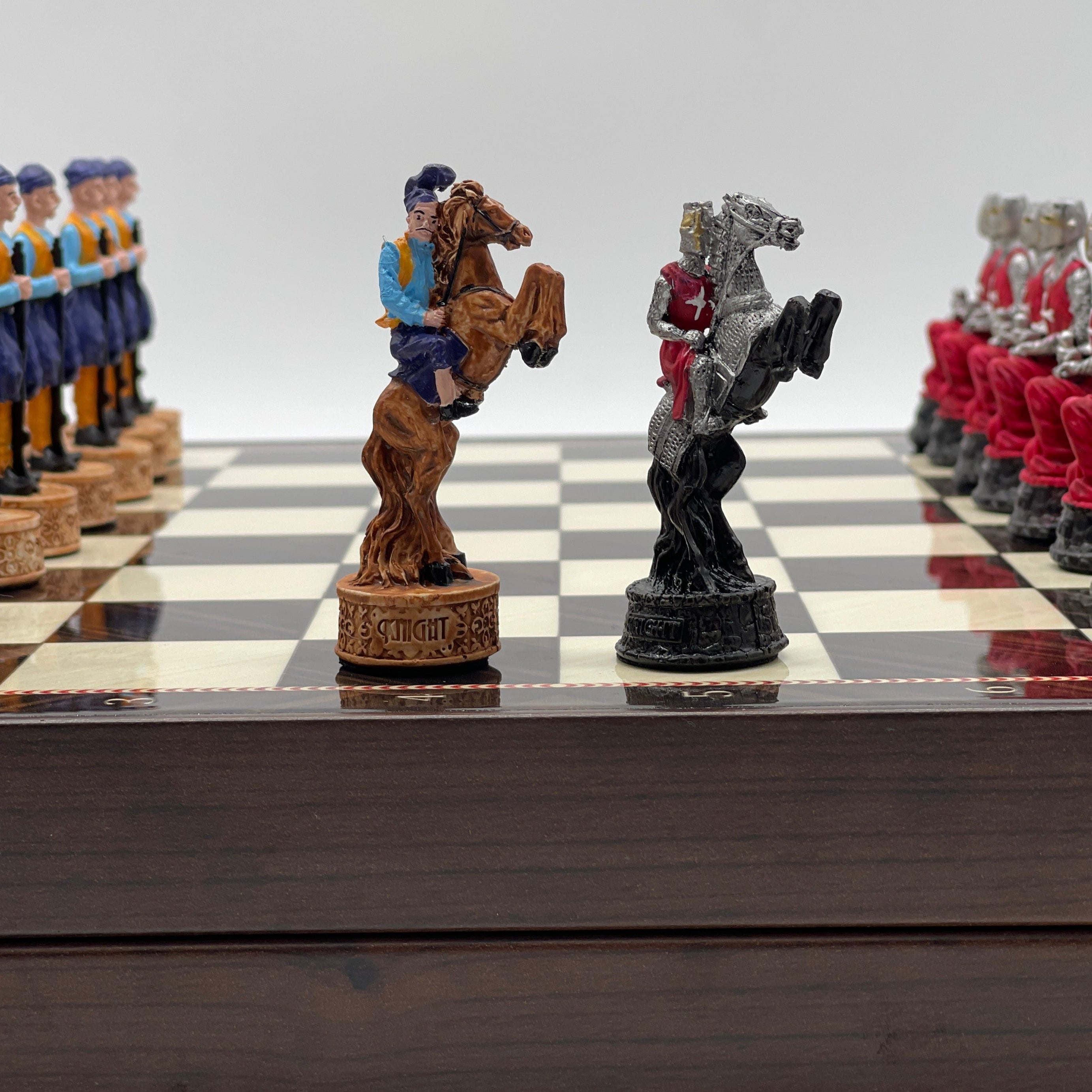 VIP Walnut Patterned Folding Chess Set With Crusaders Polyester Chess Pieces