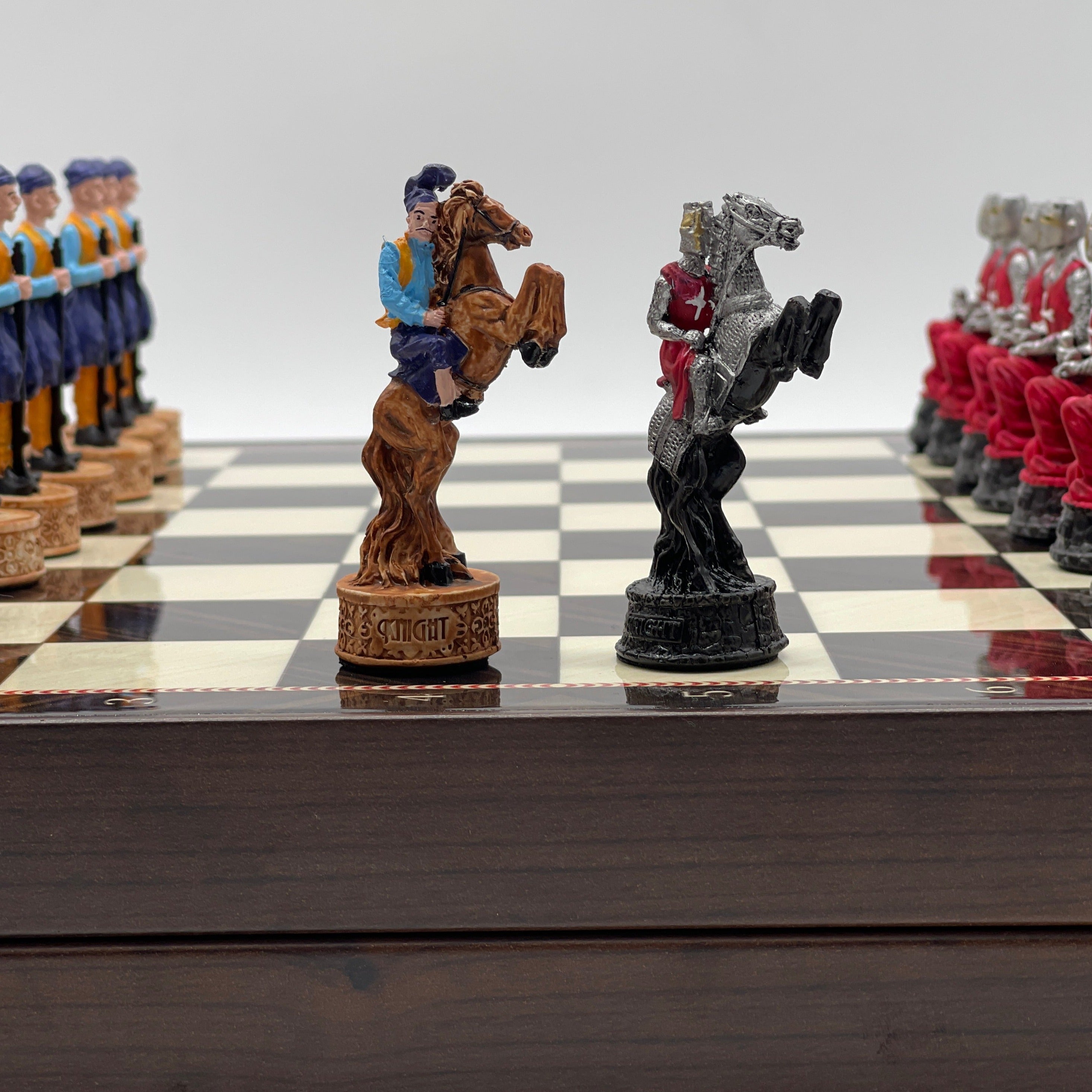 VIP Walnut Patterned Folding Chess Set With Crusaders Polyester Chess Pieces