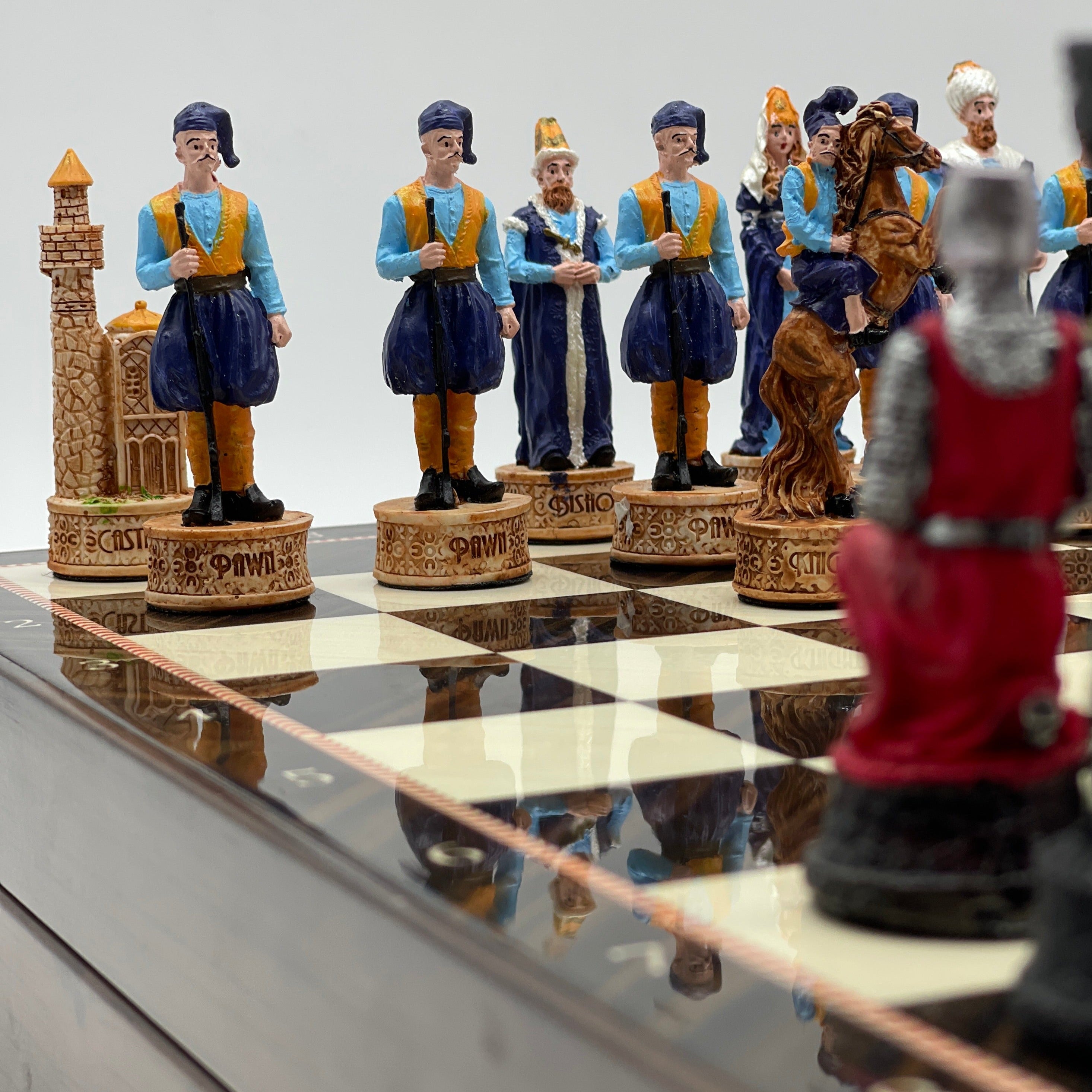 VIP Walnut Patterned Folding Chess Set With Crusaders Polyester Chess Pieces