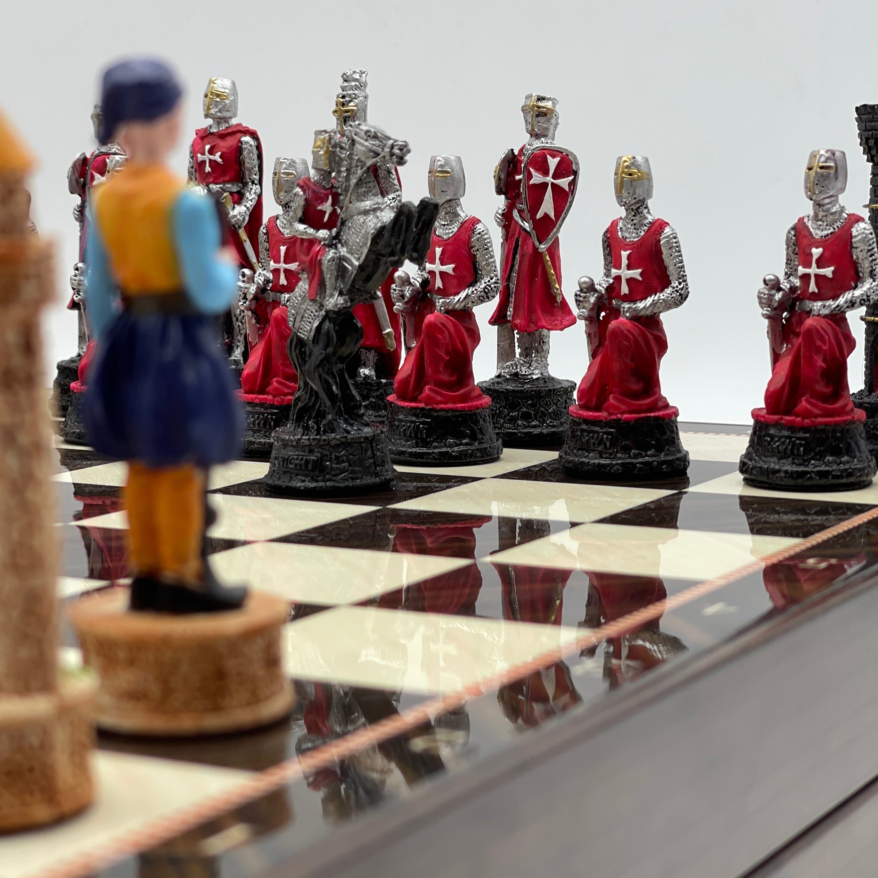 VIP Walnut Patterned Folding Chess Set With Crusaders Polyester Chess Pieces