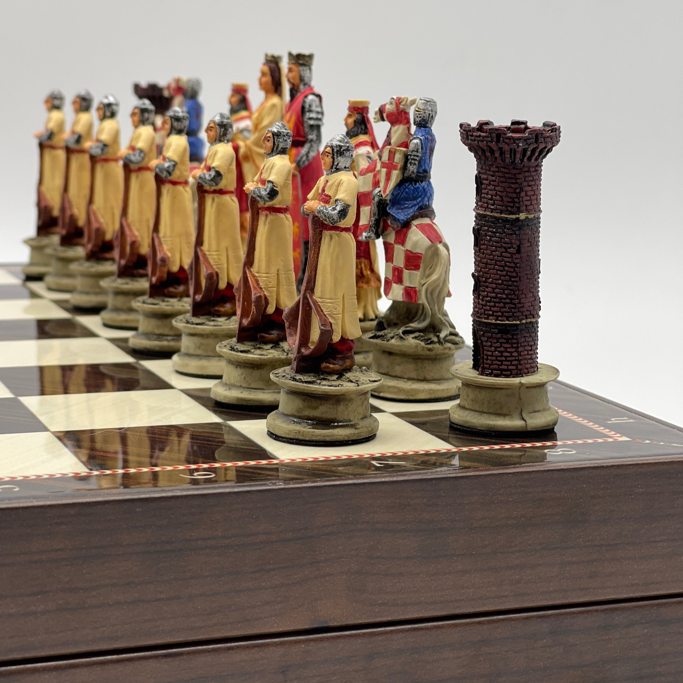 VIP Walnut Patterned Folding Chess Set With Crusaders Polyester Chess Pieces
