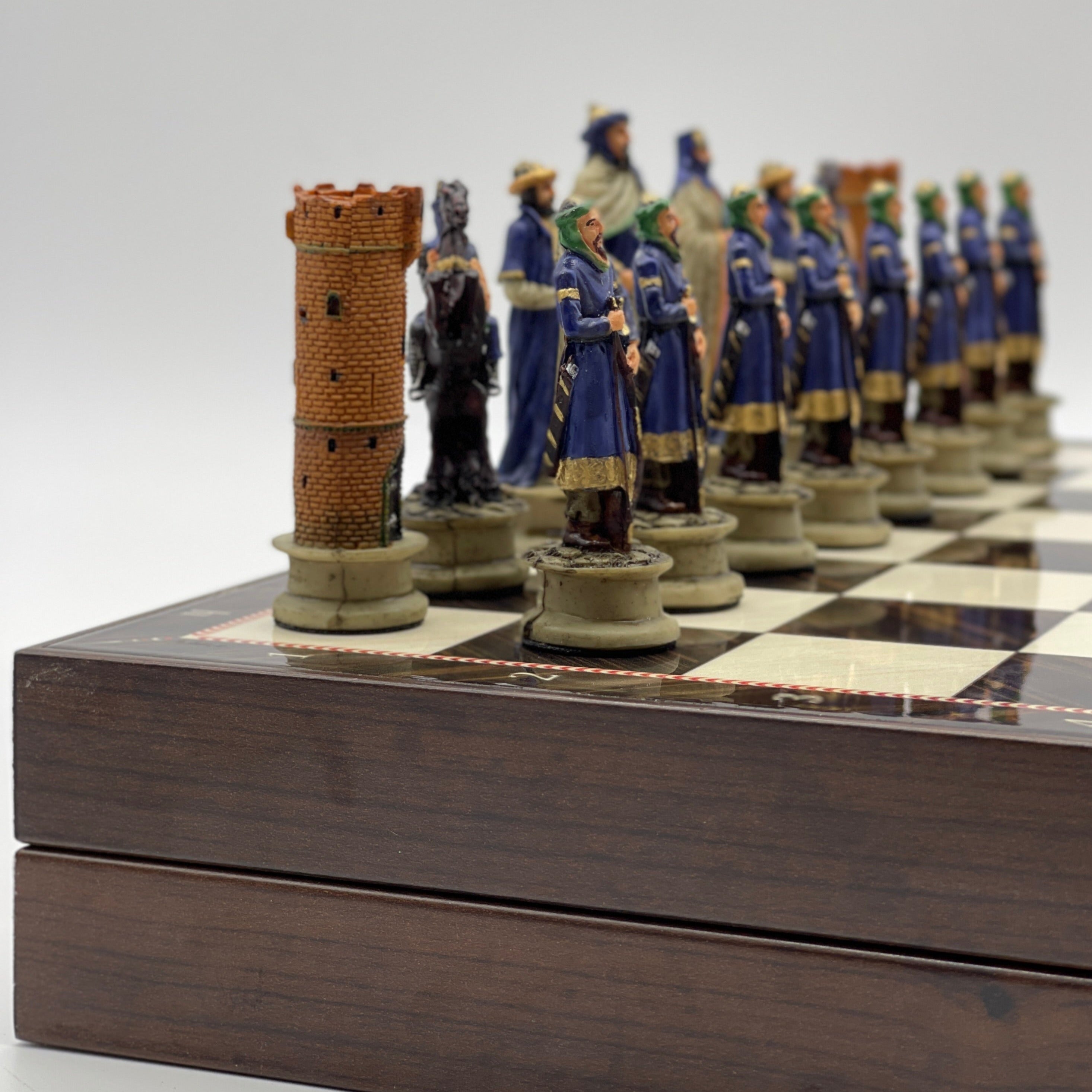 VIP Walnut Patterned Folding Chess Set With Crusaders Polyester Chess Pieces