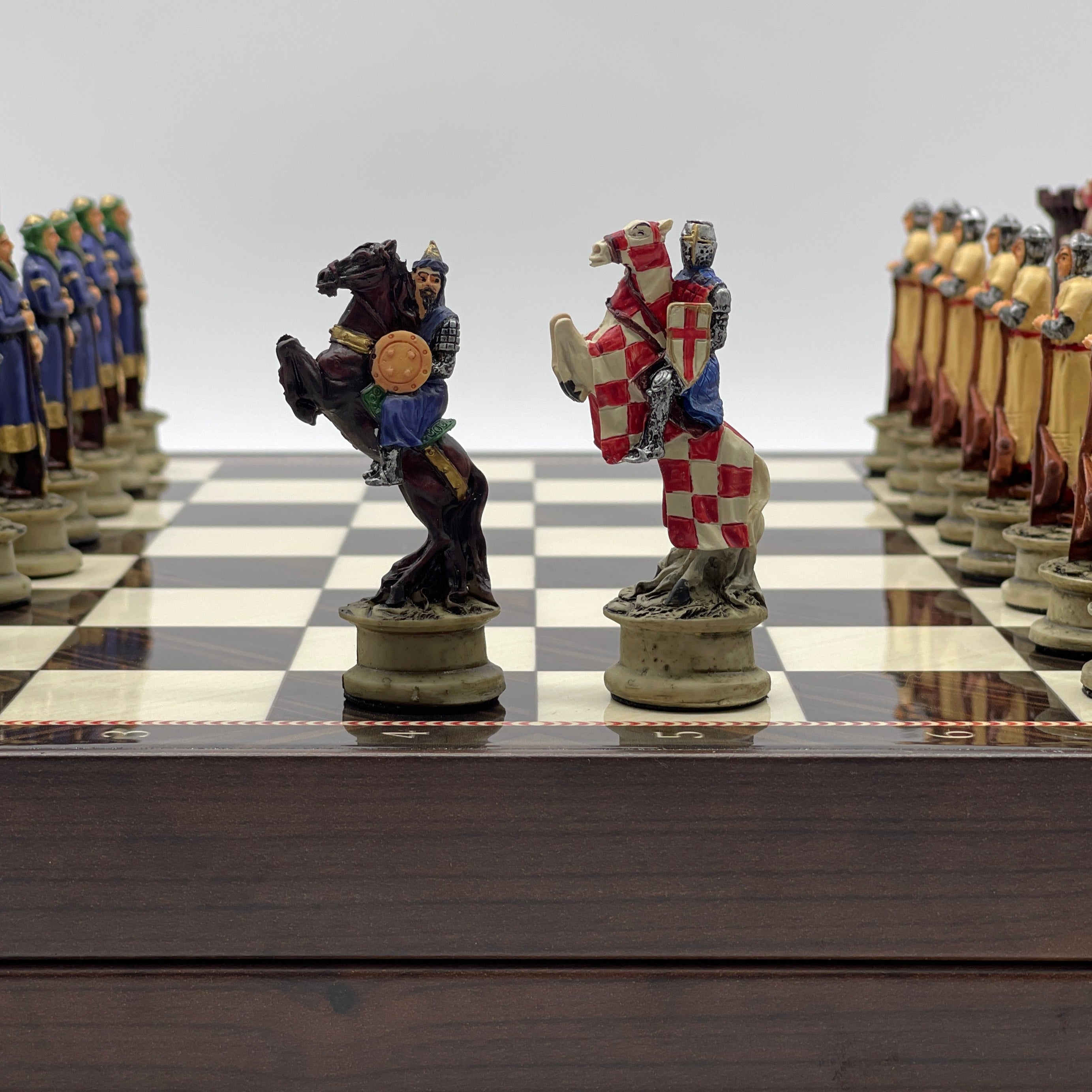 VIP Walnut Patterned Folding Chess Set With Crusaders Polyester Chess Pieces