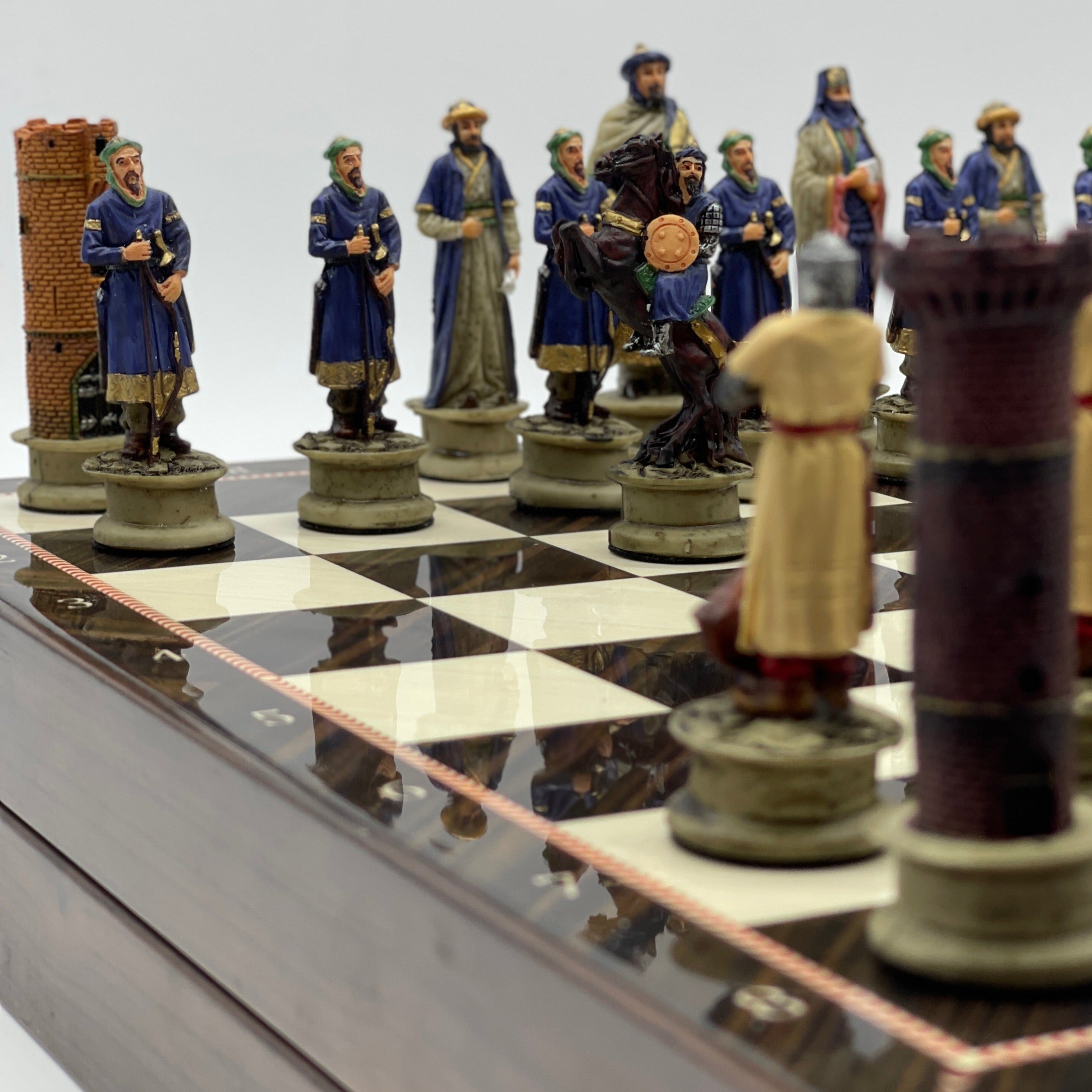 VIP Walnut Patterned Folding Chess Set With Crusaders Polyester Chess Pieces