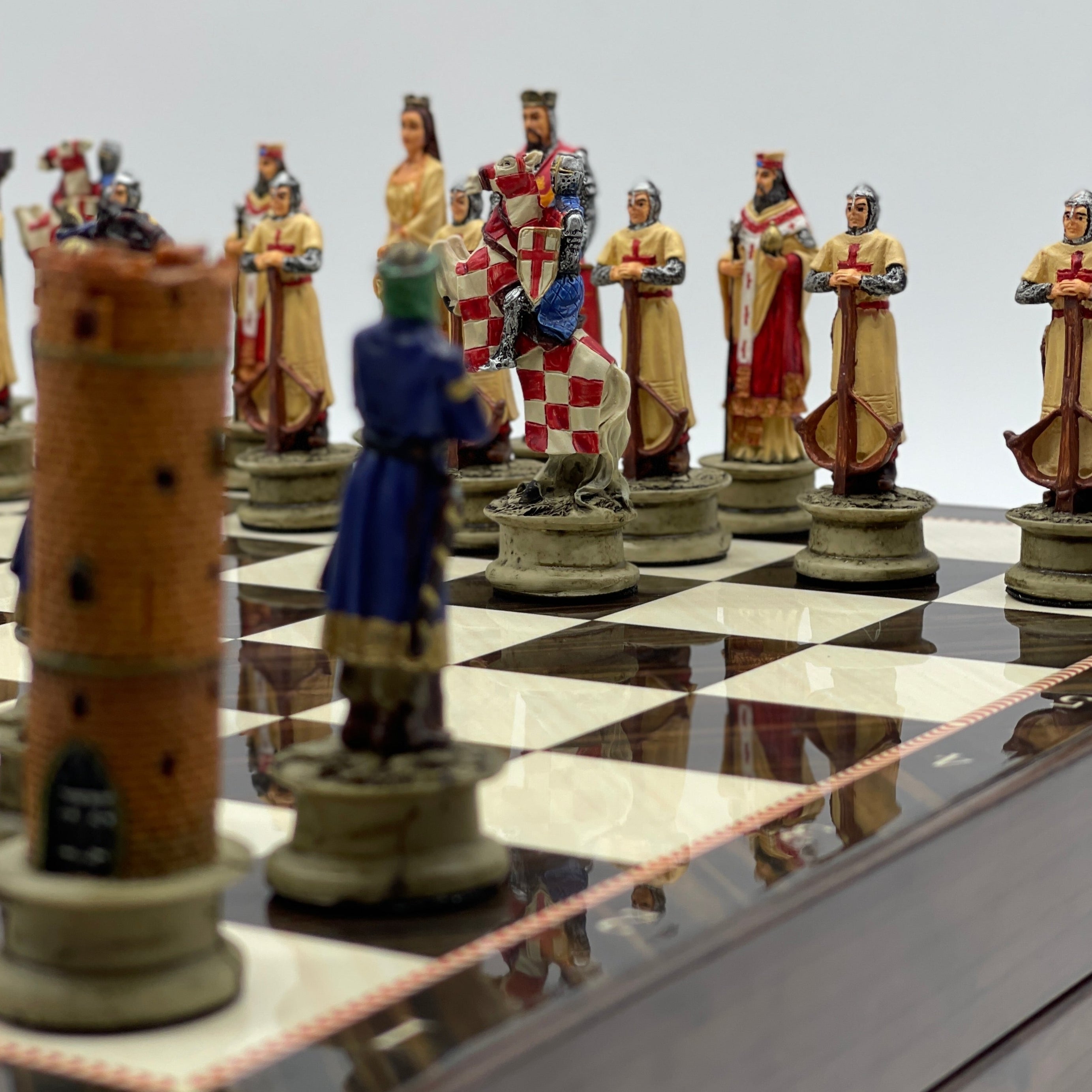 VIP Walnut Patterned Folding Chess Set With Crusaders Polyester Chess Pieces