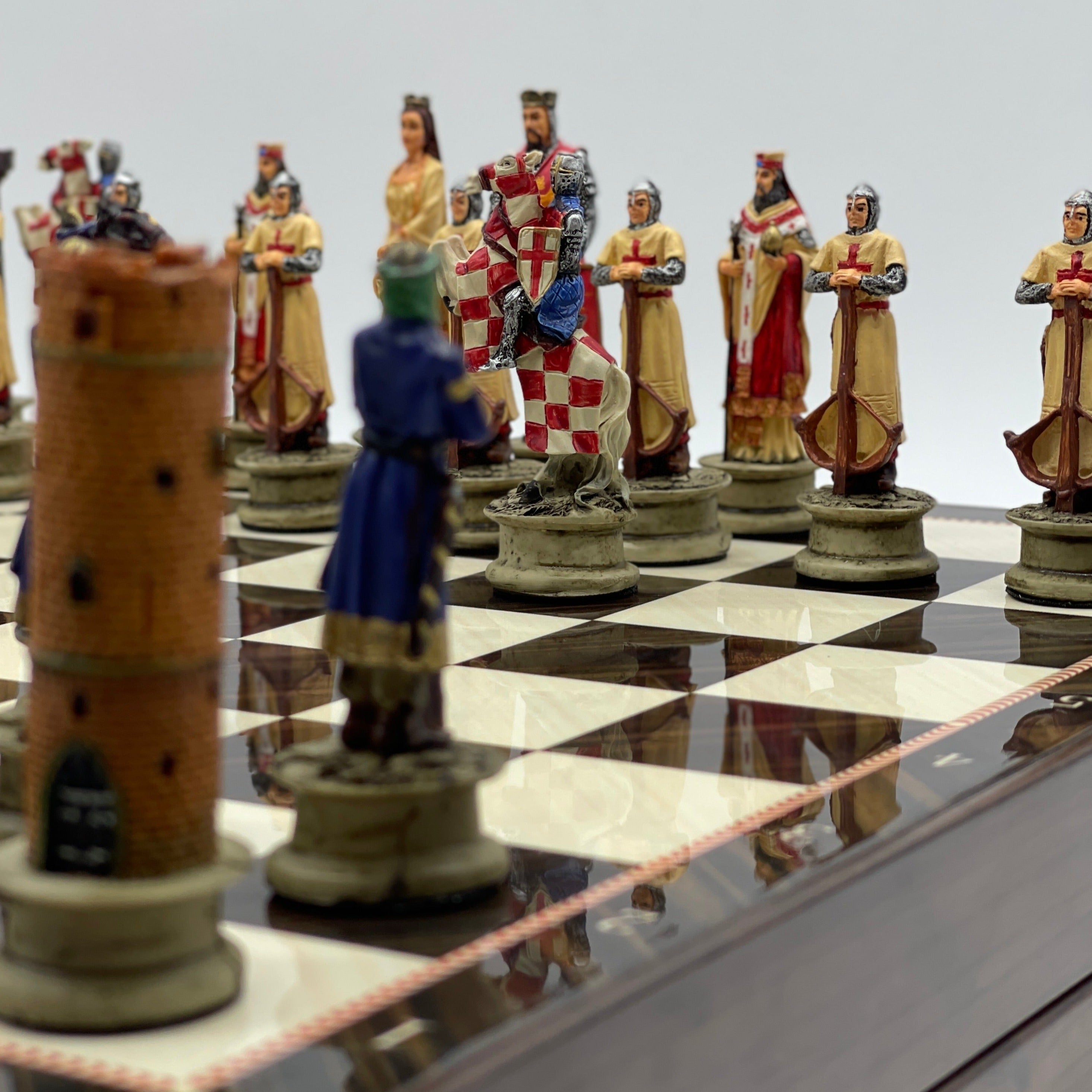 VIP Walnut Patterned Folding Chess Set With Crusaders Polyester Chess Pieces