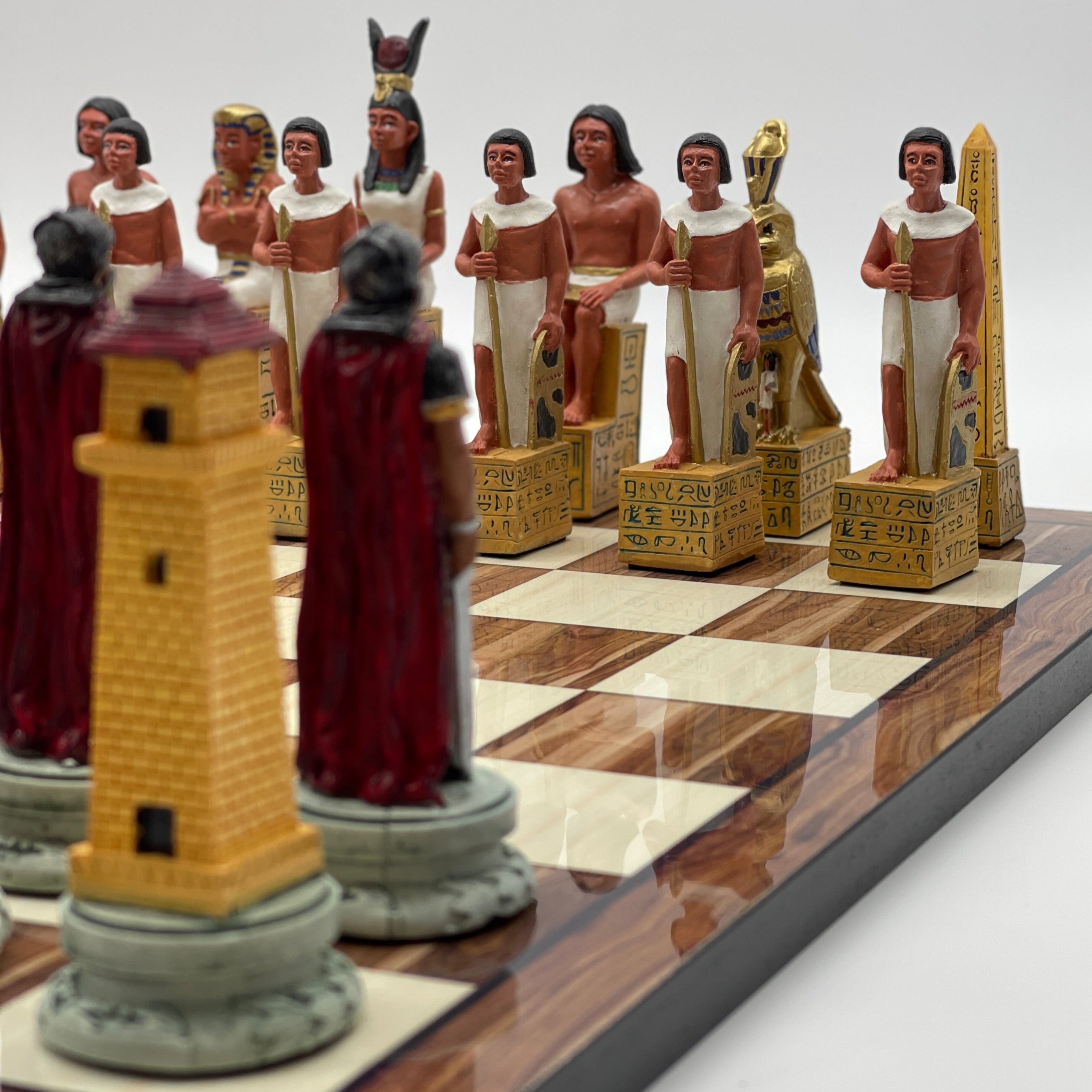 Large Brown Marble Pattern Chess Board With Egyptian Polyester Chess Pieces