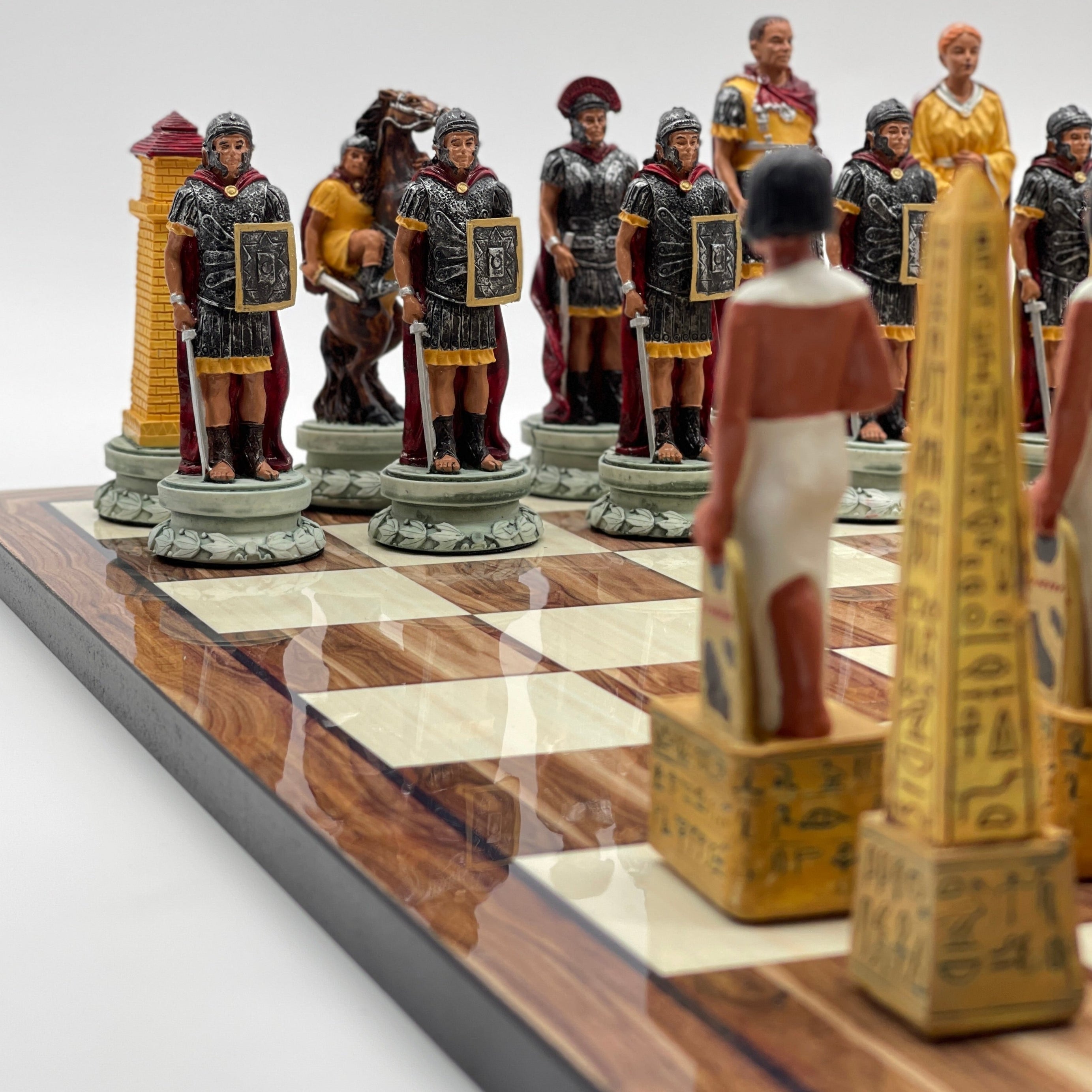 Large Brown Marble Pattern Chess Board With Egyptian Polyester Chess Pieces