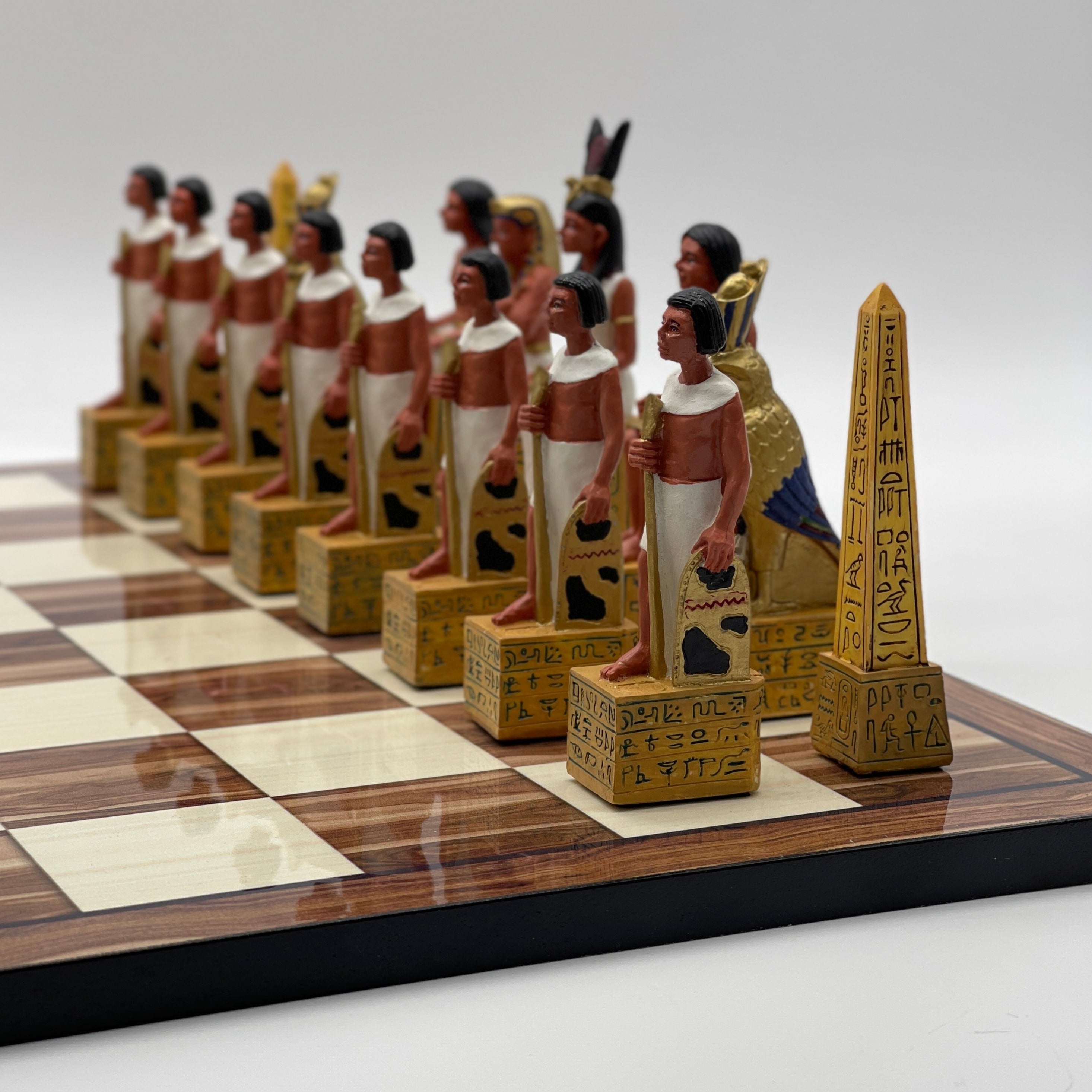 Large Brown Marble Pattern Chess Board With Egyptian Polyester Chess Pieces