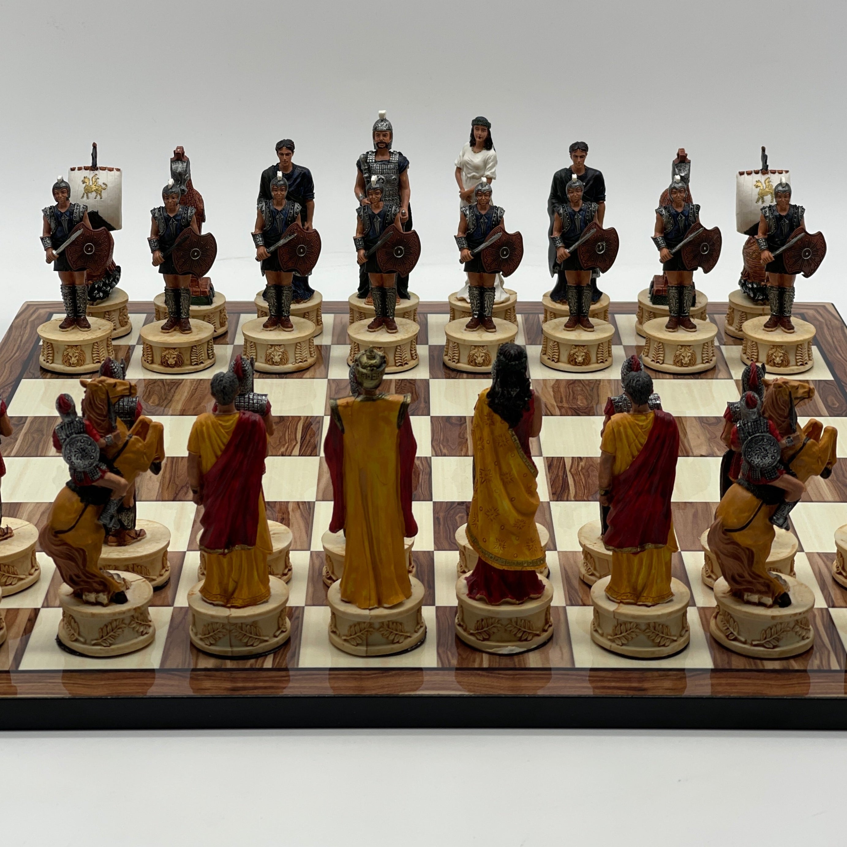Large Brown Marble Pattern Chess Board With Trojan Polyester Chess Pieces