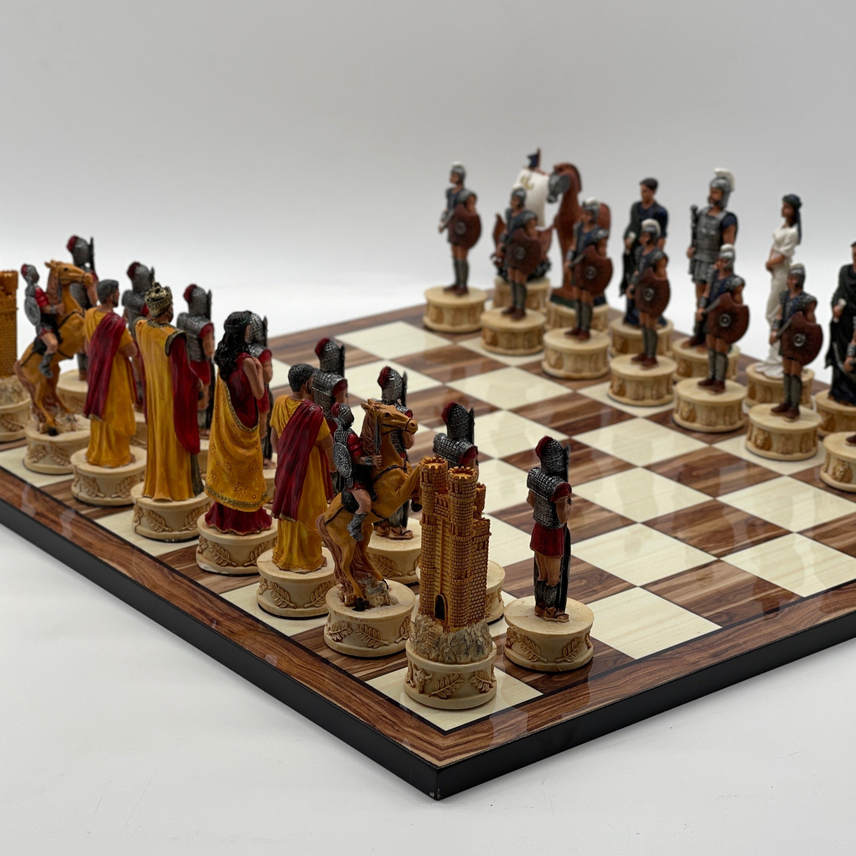 Large Brown Marble Pattern Chess Board With Trojan Polyester Chess Pieces