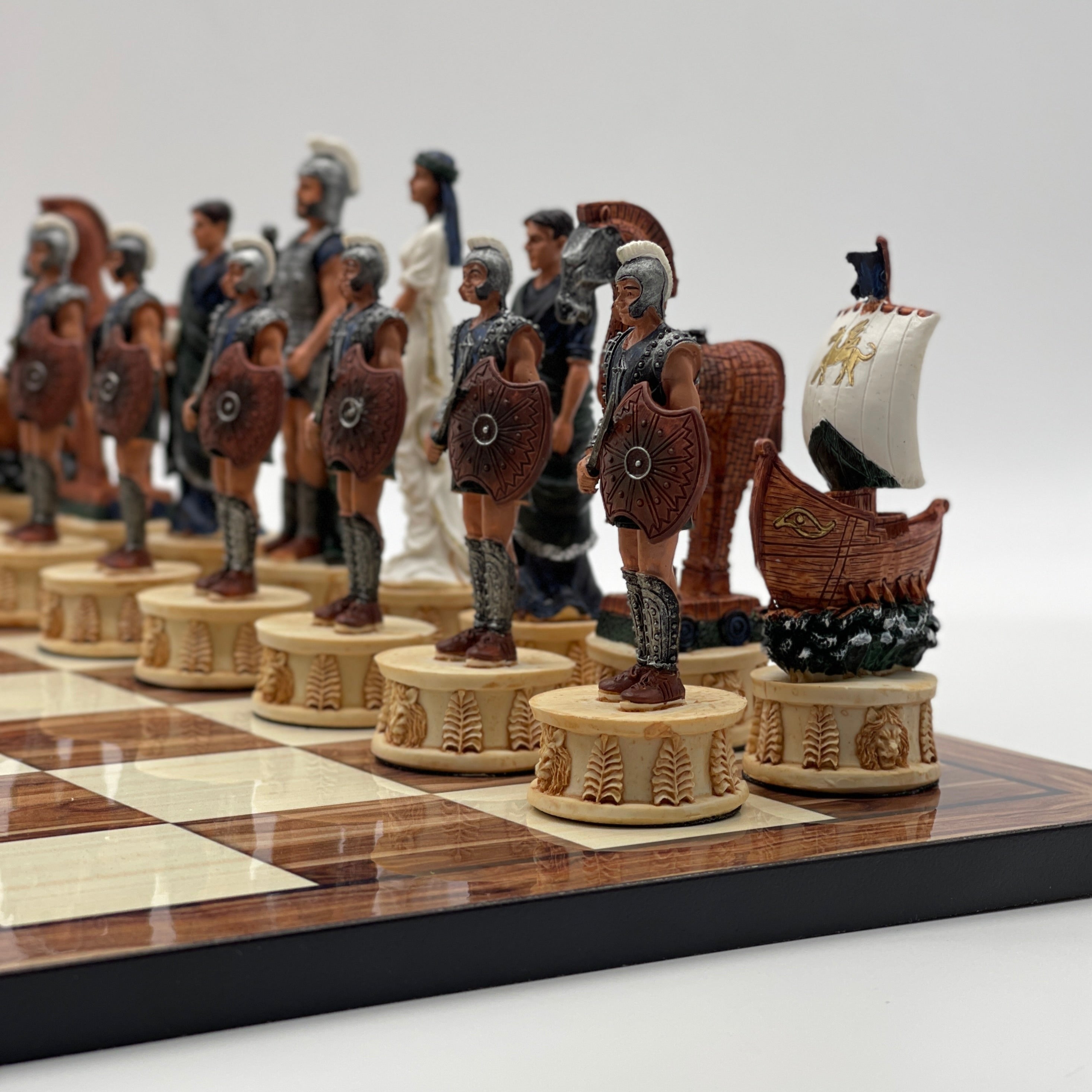 Large Brown Marble Pattern Chess Board With Trojan Polyester Chess Pieces