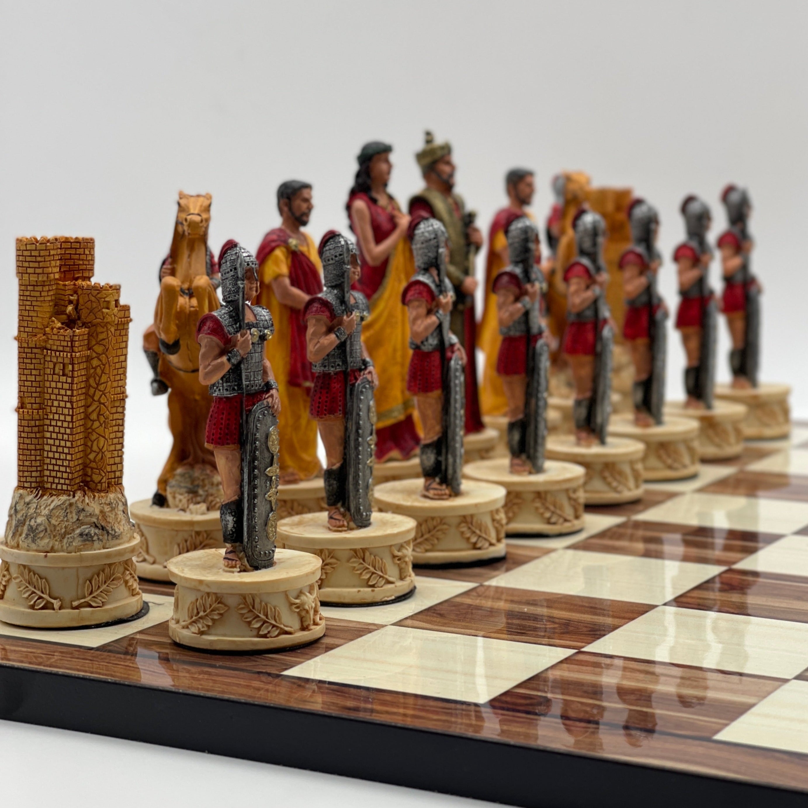 Large Brown Marble Pattern Chess Board With Trojan Polyester Chess Pieces