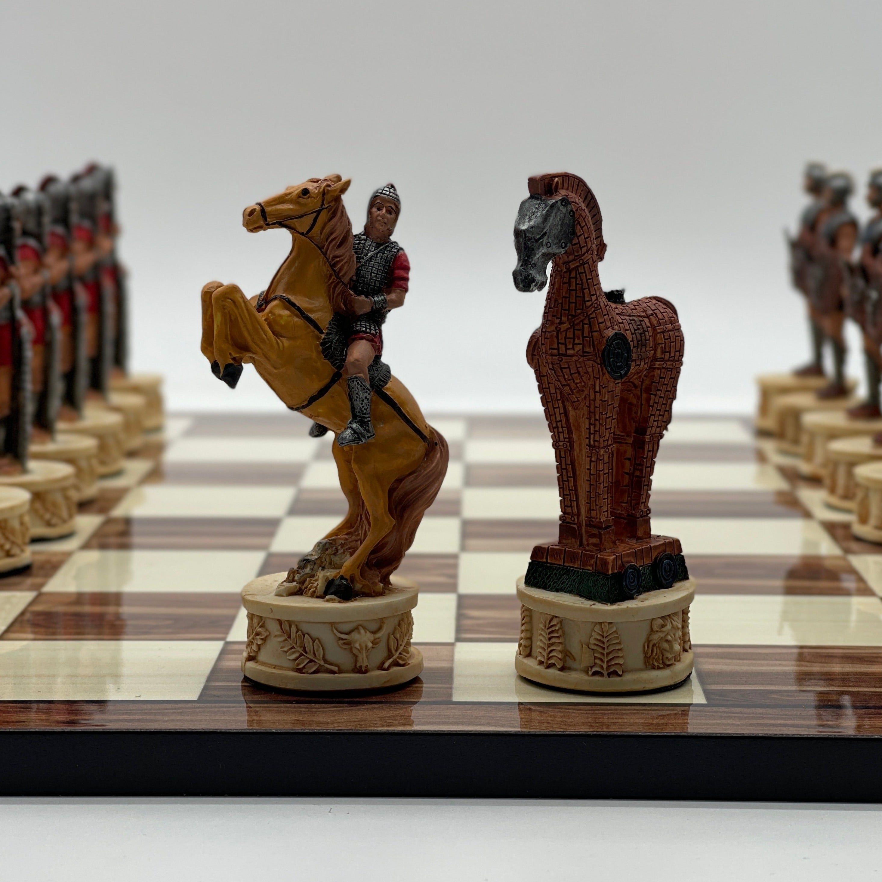 Large Brown Marble Pattern Chess Board With Trojan Polyester Chess Pieces
