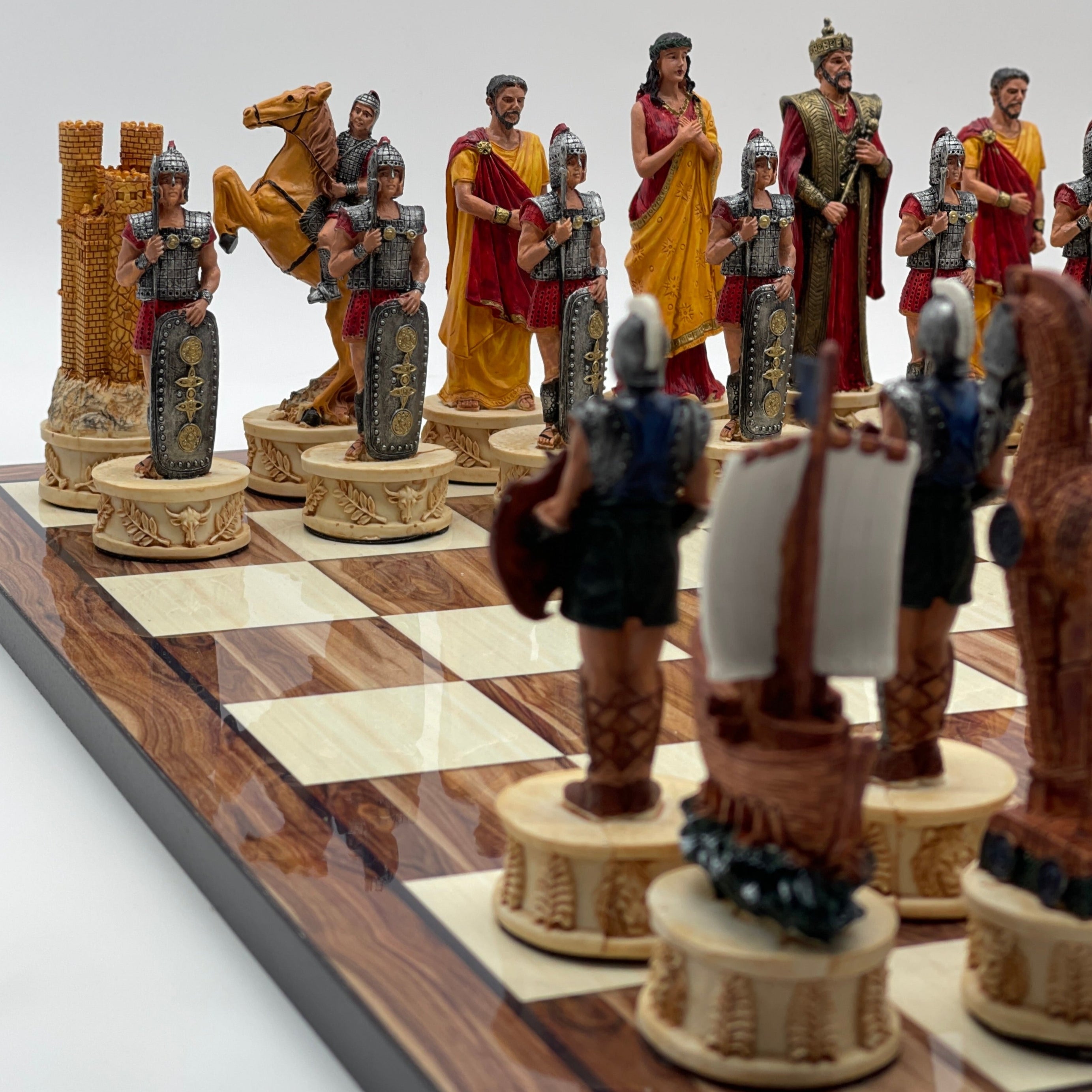 Large Brown Marble Pattern Chess Board With Trojan Polyester Chess Pieces