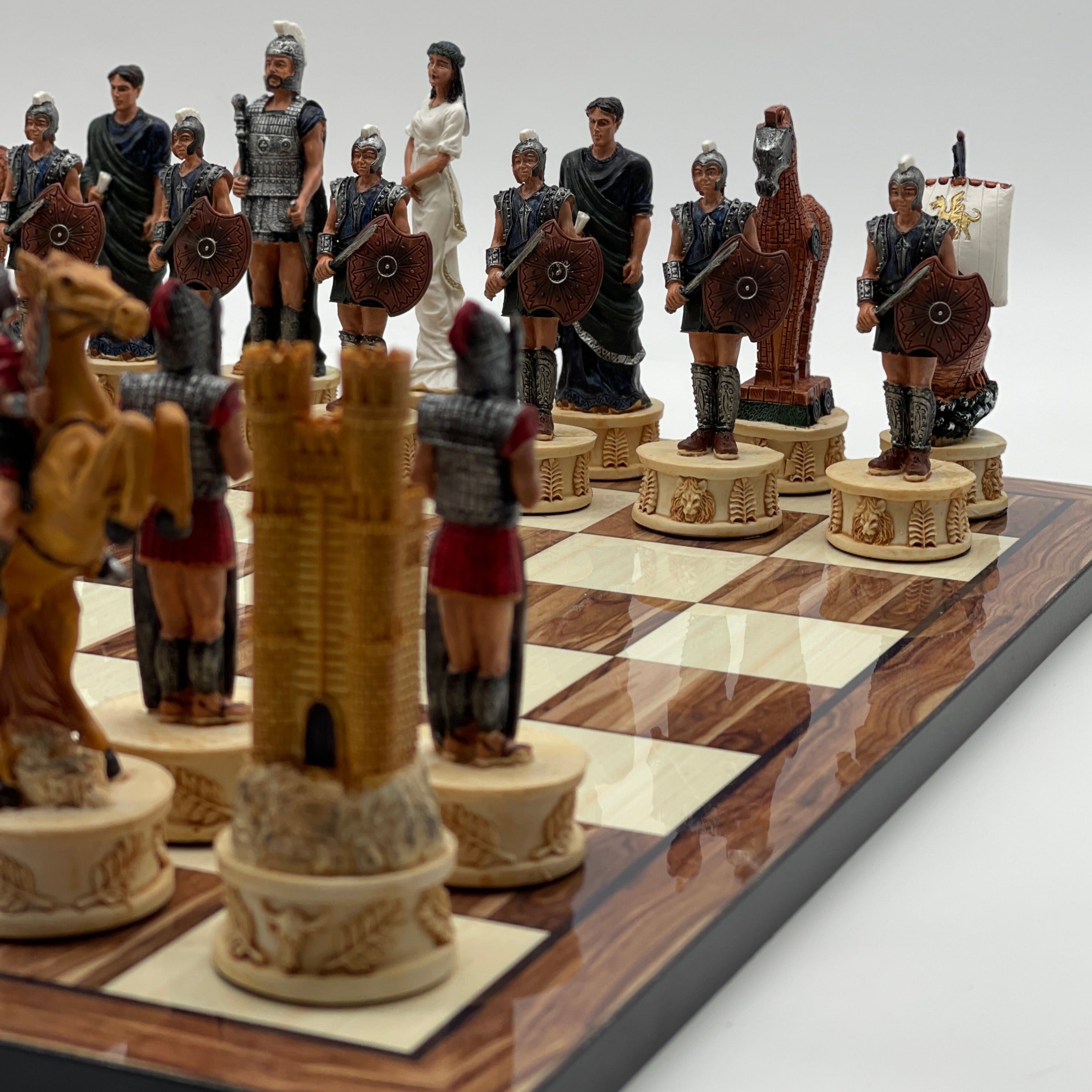 Large Brown Marble Pattern Chess Board With Trojan Polyester Chess Pieces