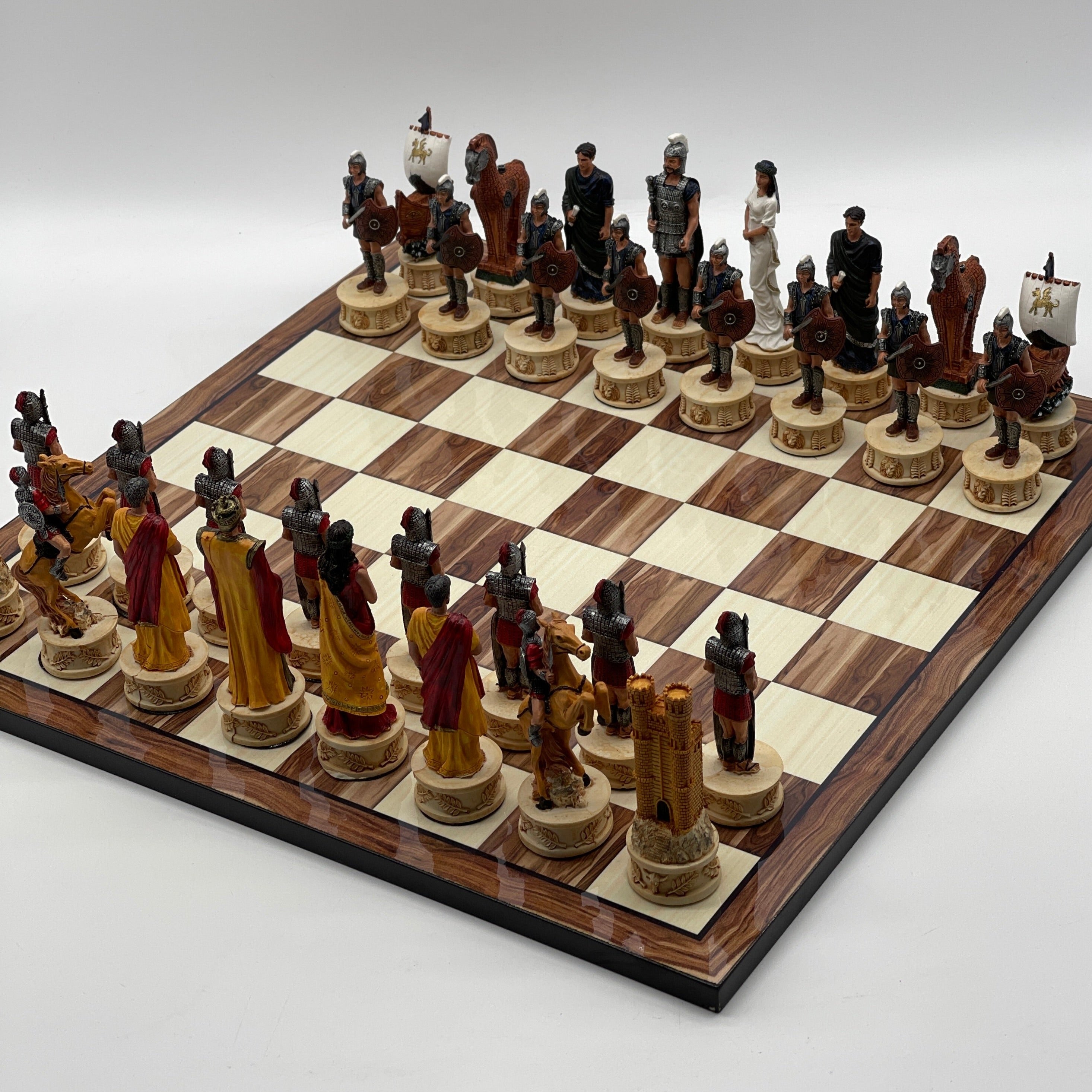 Large Brown Marble Pattern Chess Board With Trojan Polyester Chess Pieces