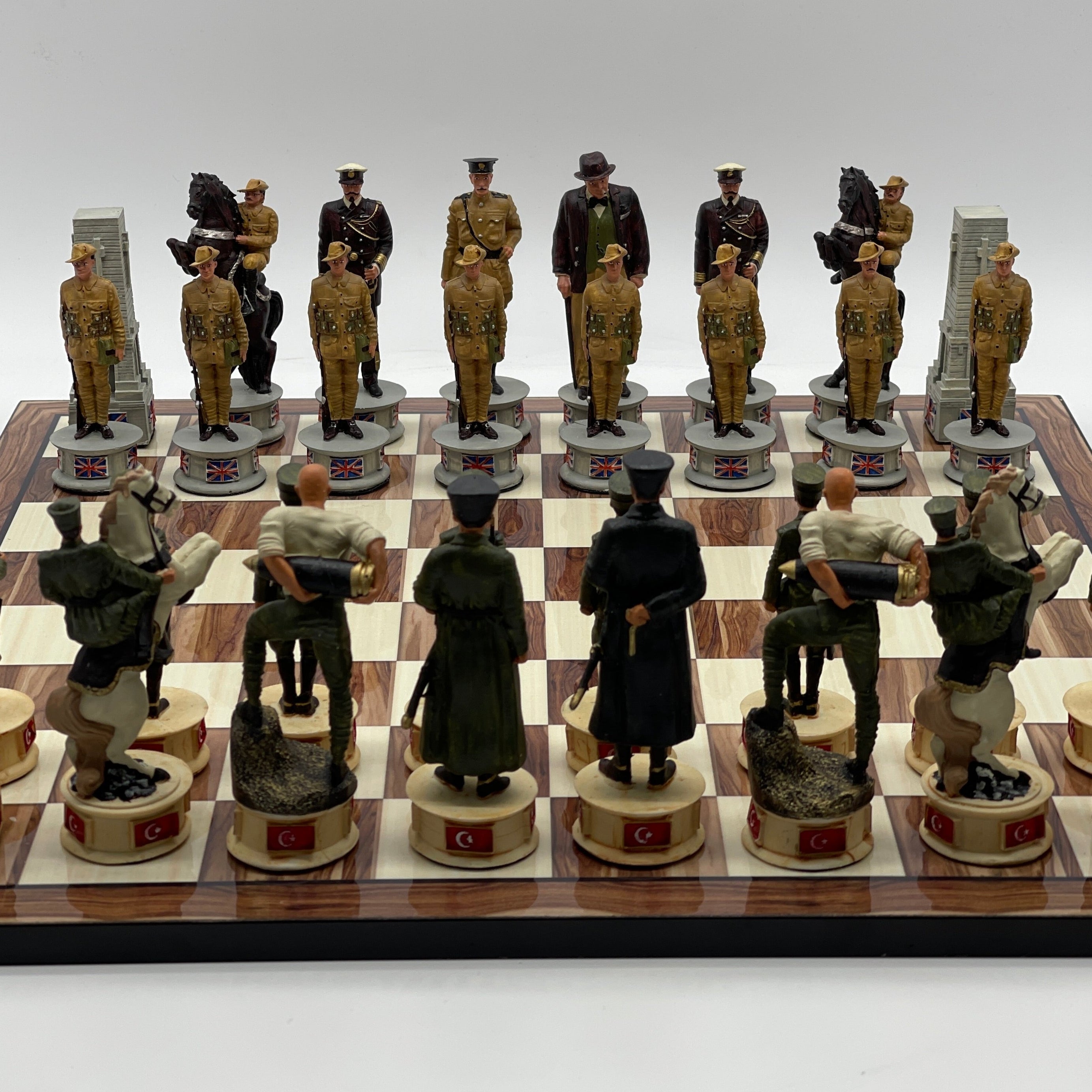 Large Brown Marble Pattern Chess Board With Gallipoli Campaign Chess Pieces