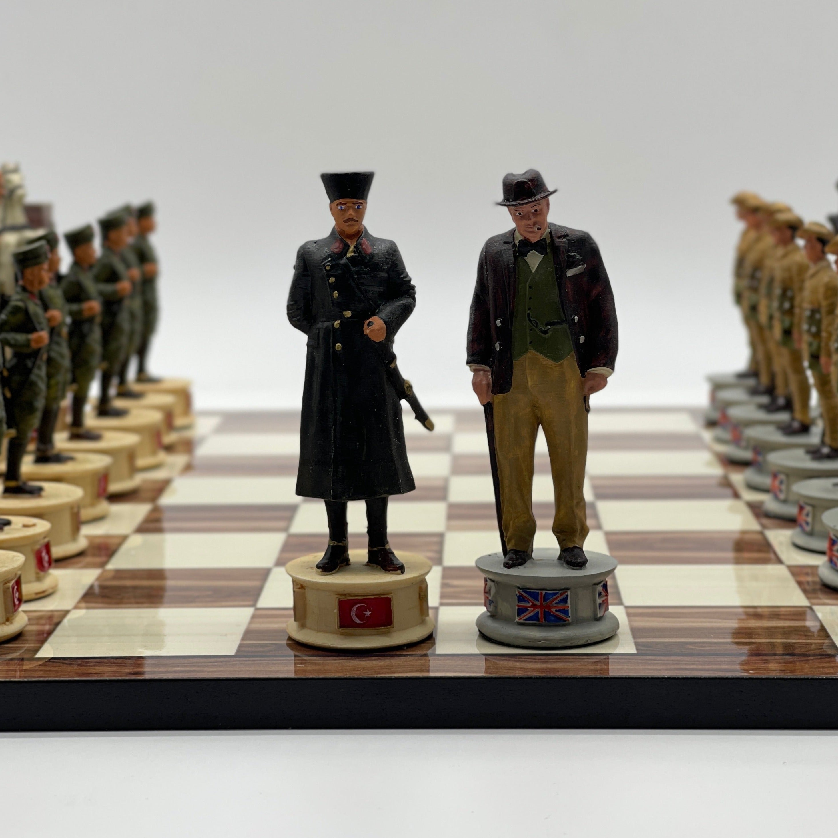 Large Brown Marble Pattern Chess Board With Gallipoli Campaign Chess Pieces