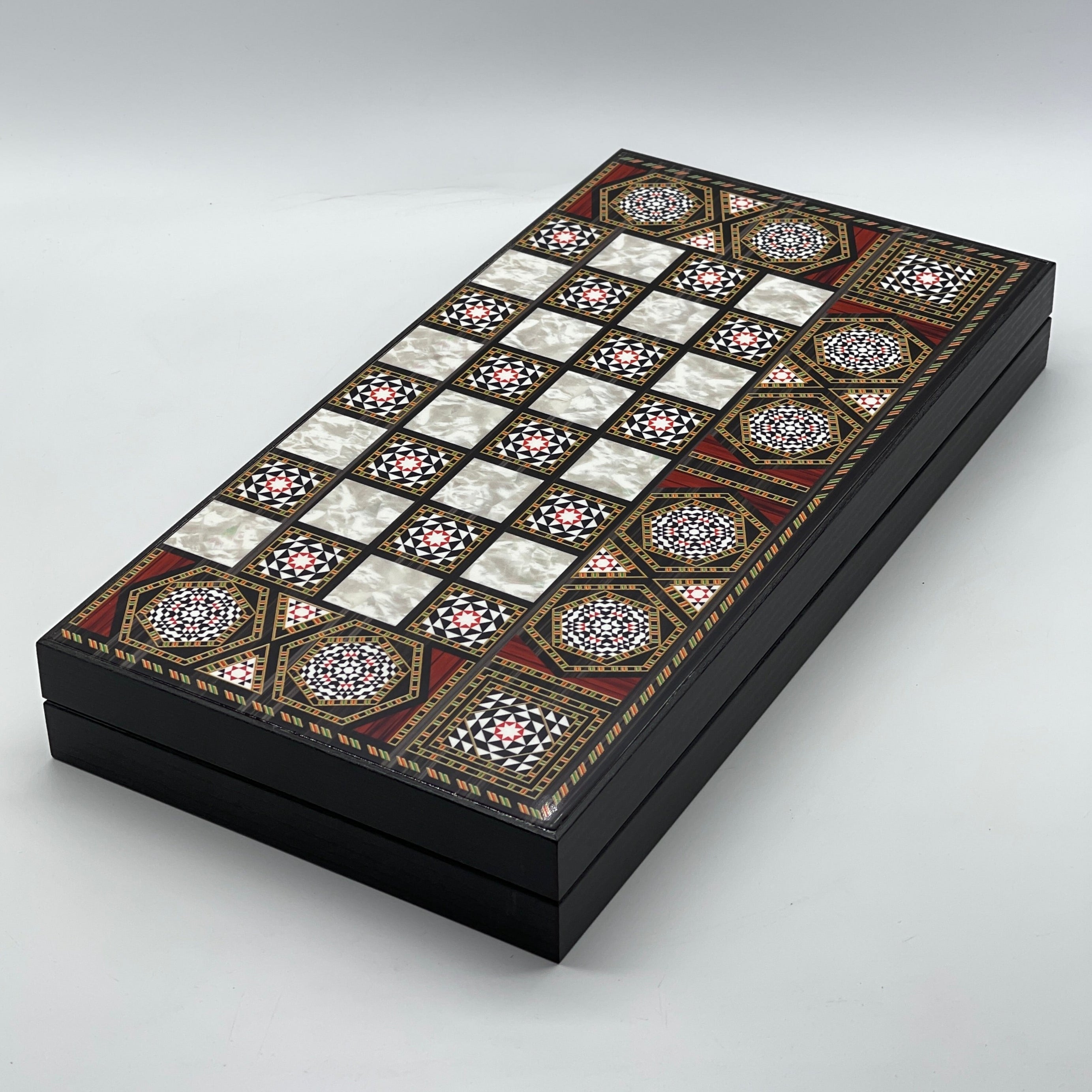 Handmade Mosaic Pattern Backgammon Set With Camelot Chess Pieces