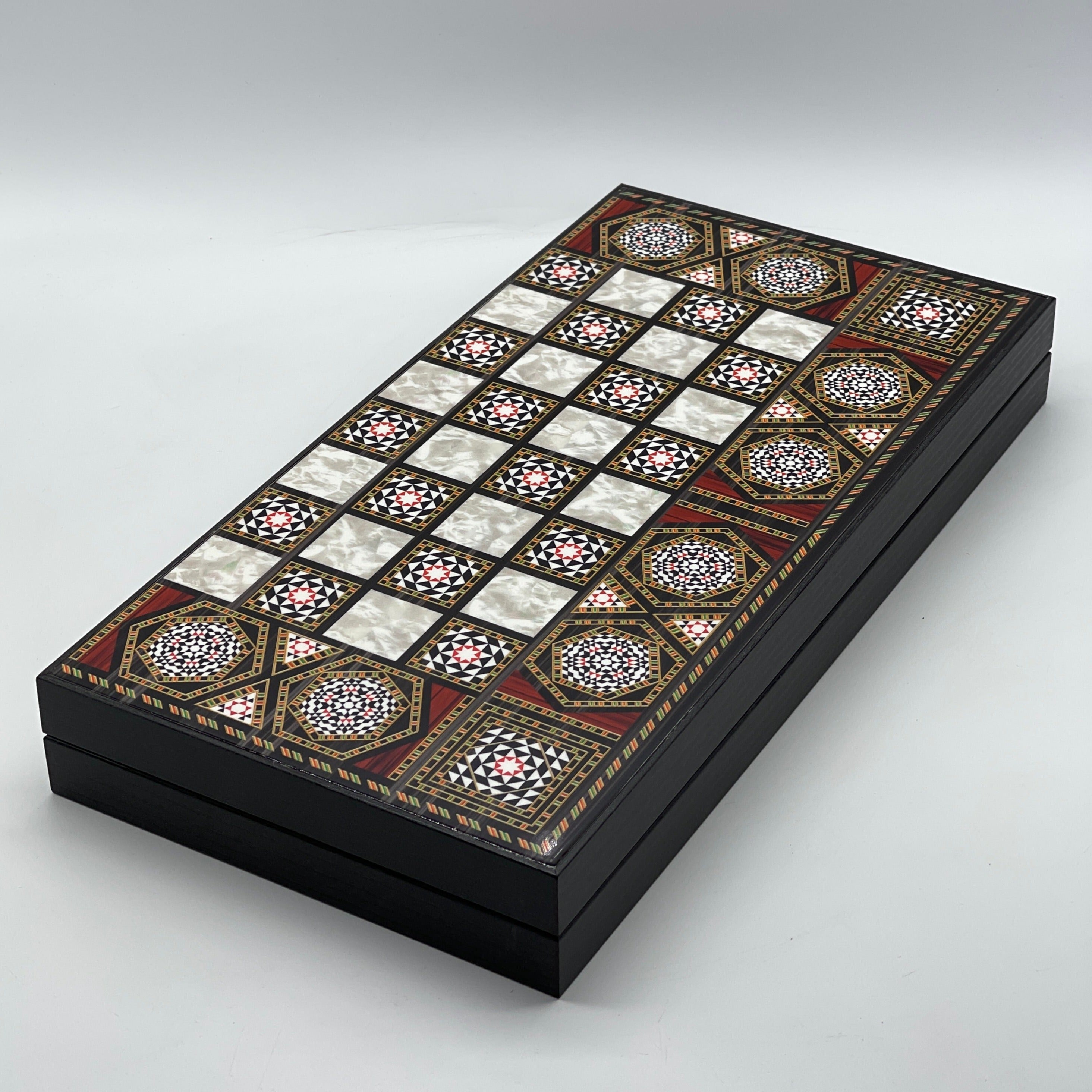 Handmade Mosaic Pattern Backgammon Set With Zombies Chess Pieces