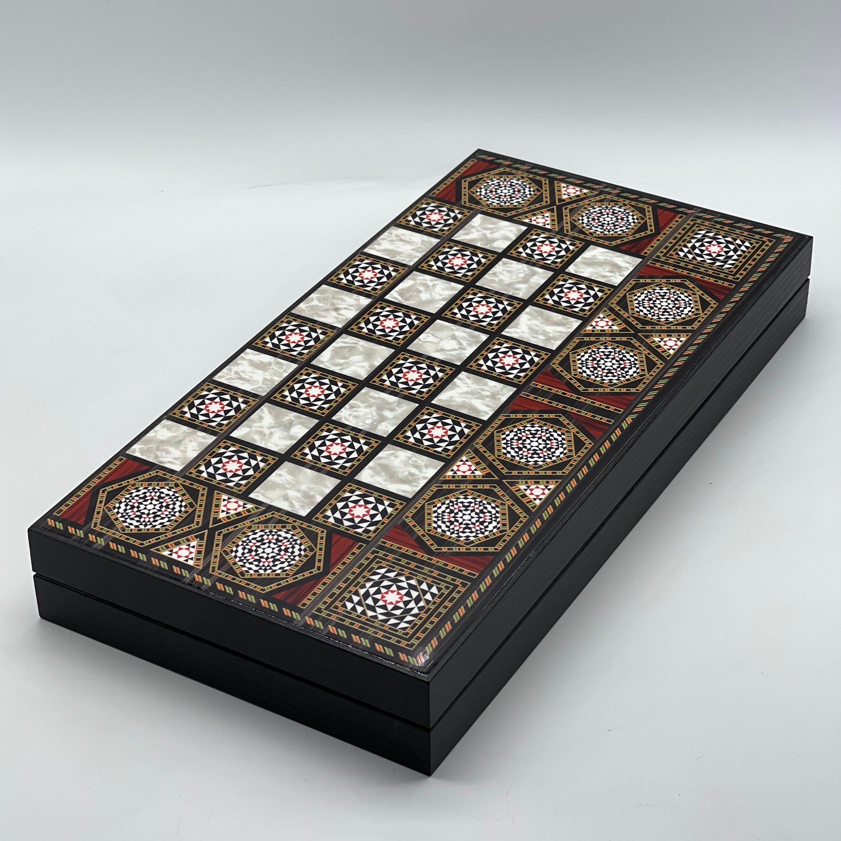 Handmade Mosaic Pattern Backgammon Set With Crusaders Chess Pieces