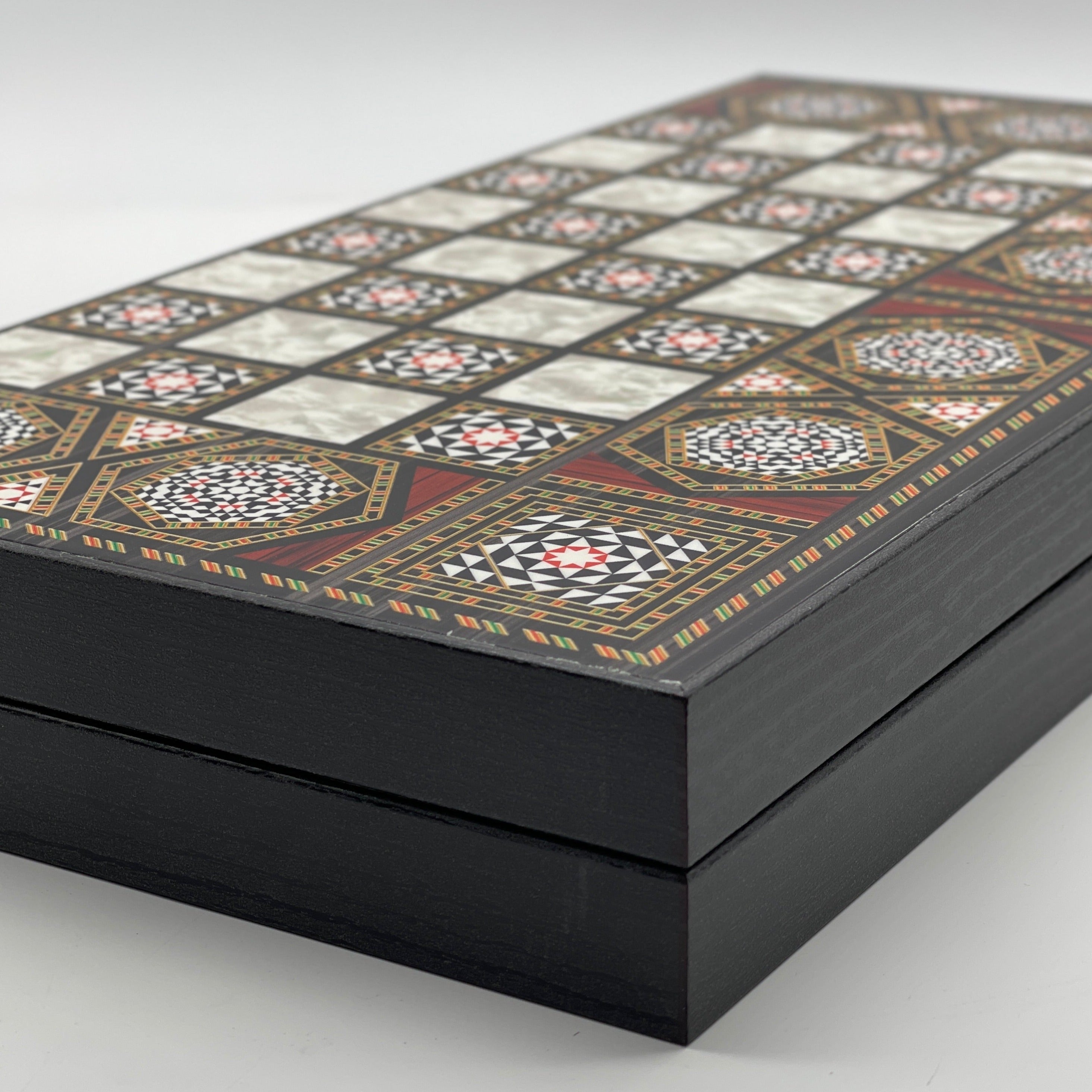 Handmade Mosaic Pattern Backgammon Set With Camelot Chess Pieces