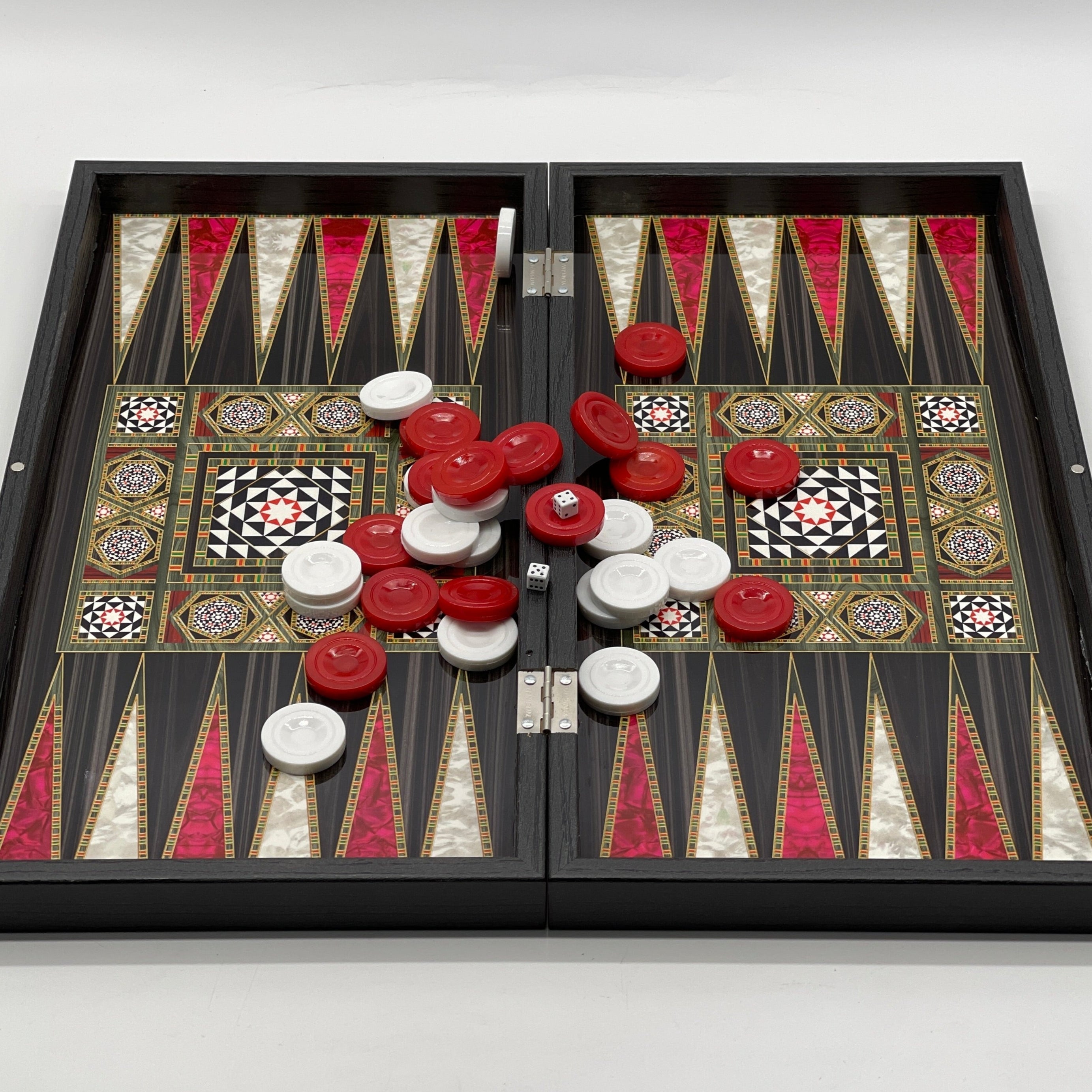 Handmade Mosaic Pattern Backgammon Set With Camelot Chess Pieces