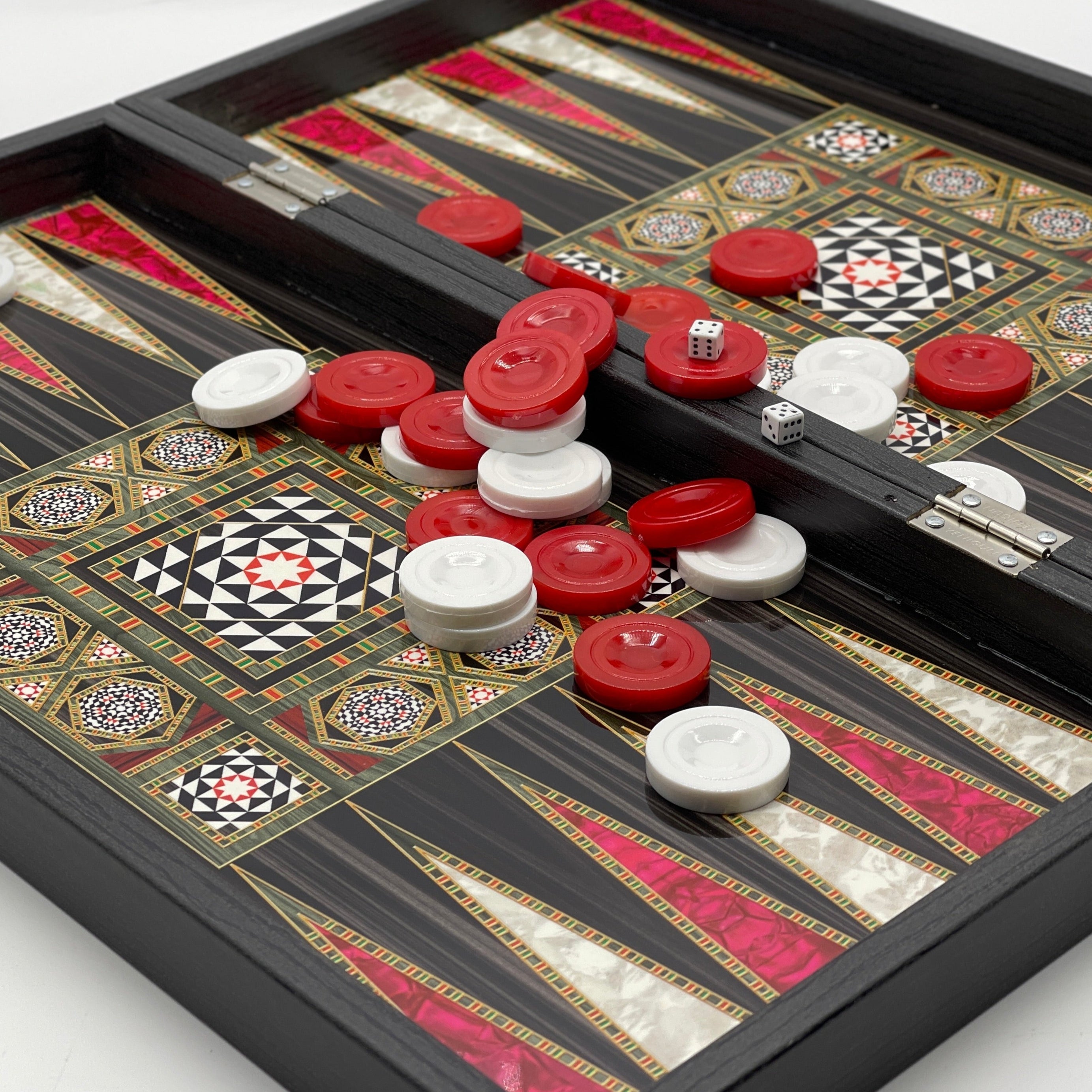 Handmade Mosaic Pattern Backgammon Set With Zombies Chess Pieces