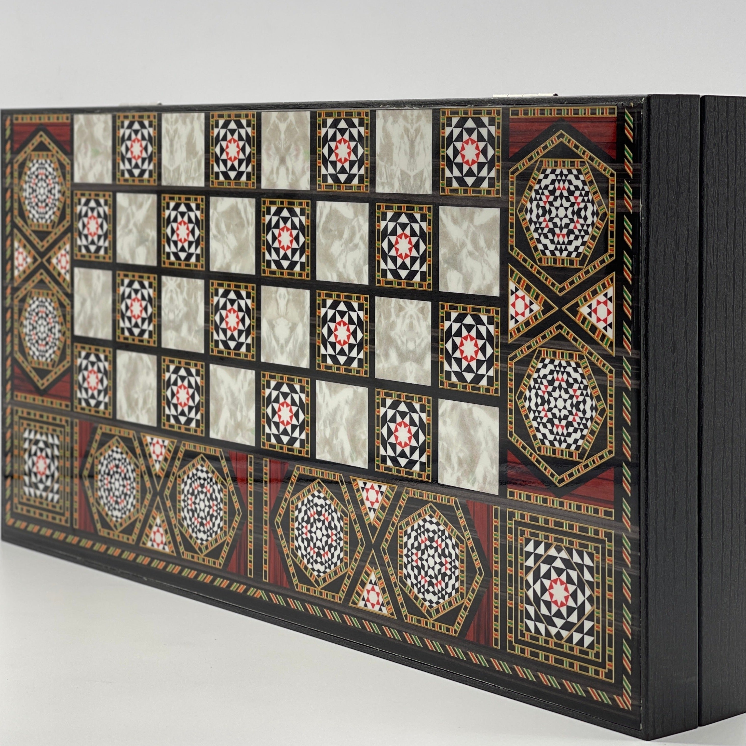 Handmade Mosaic Pattern Backgammon Set With Camelot Chess Pieces